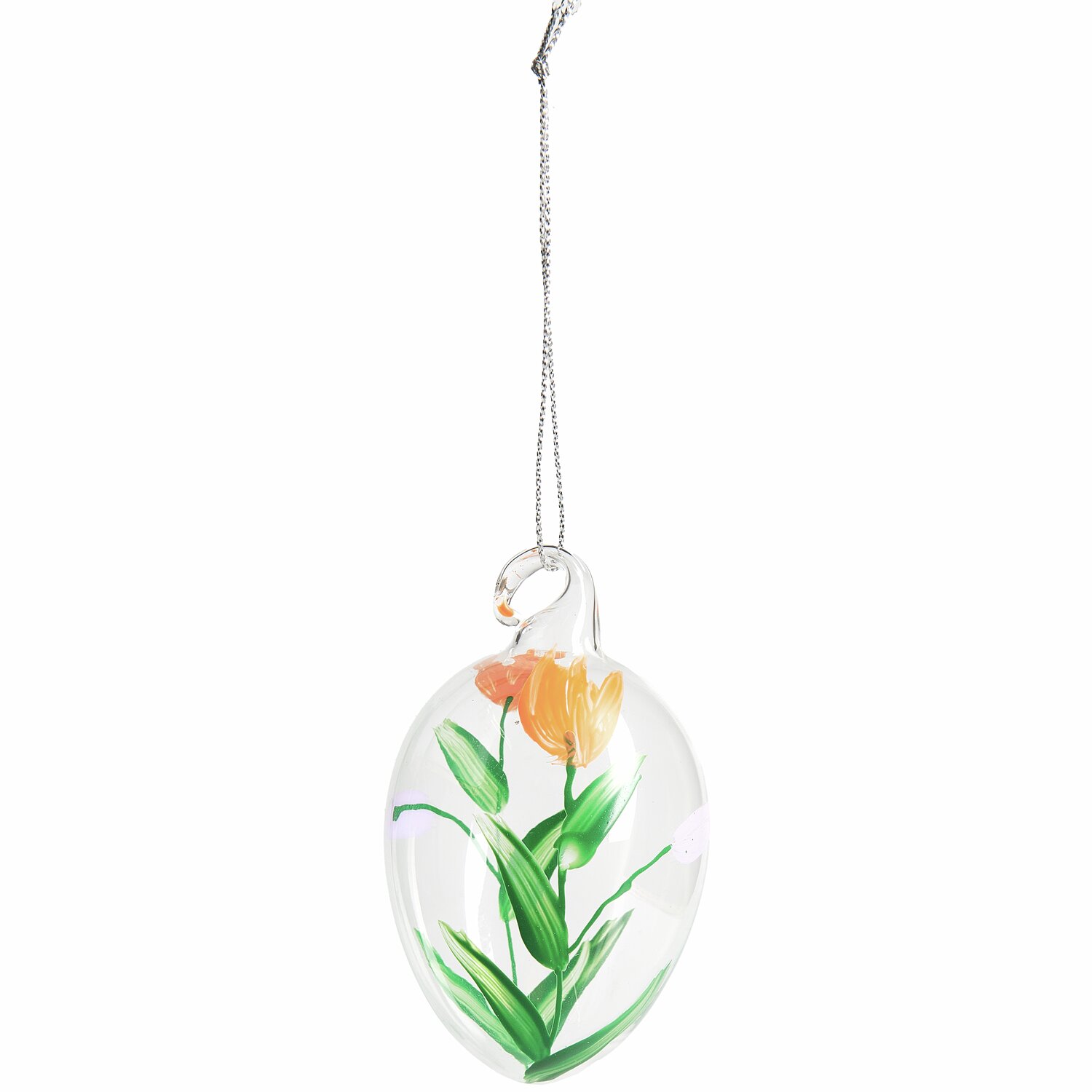 Glas Eier Blumenwiese handbemalt 4 Stück: Handbemaltes Glasei mit Blumenmotiv, hängend an silberner Kette, 8xØ4,5cm.