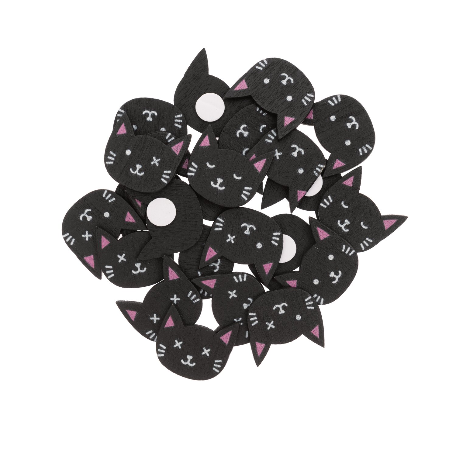 Holzsticker Katzen Mix schwarz 24 Stück zeigen niedliche schwarze Katzenköpfe mit rosa Details. Ideal für kreative Bastelprojekte.