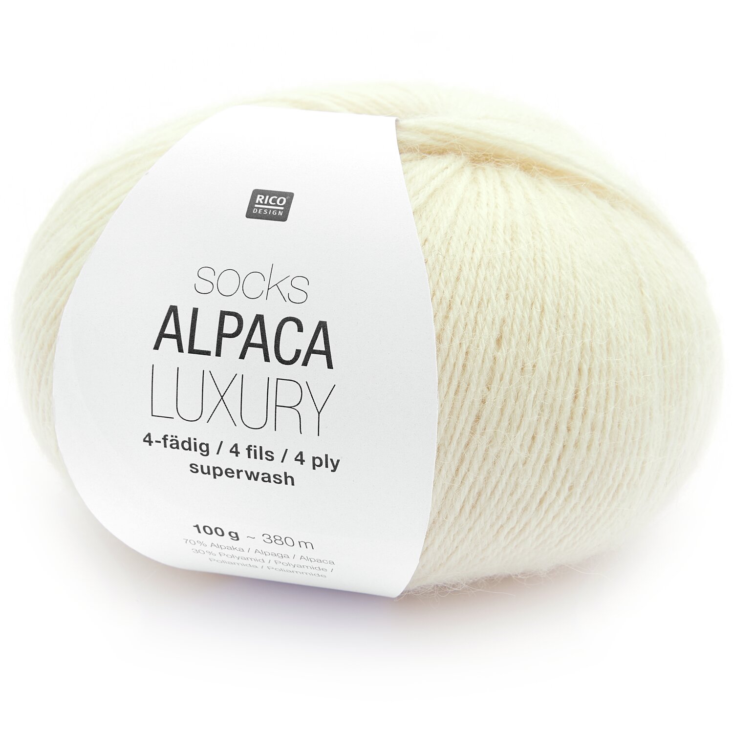 Socks Alpaca Luxury 4-fädig, cremefarbenes Garn von Rico Design, 100g, 380m, ideal für Strickprojekte.