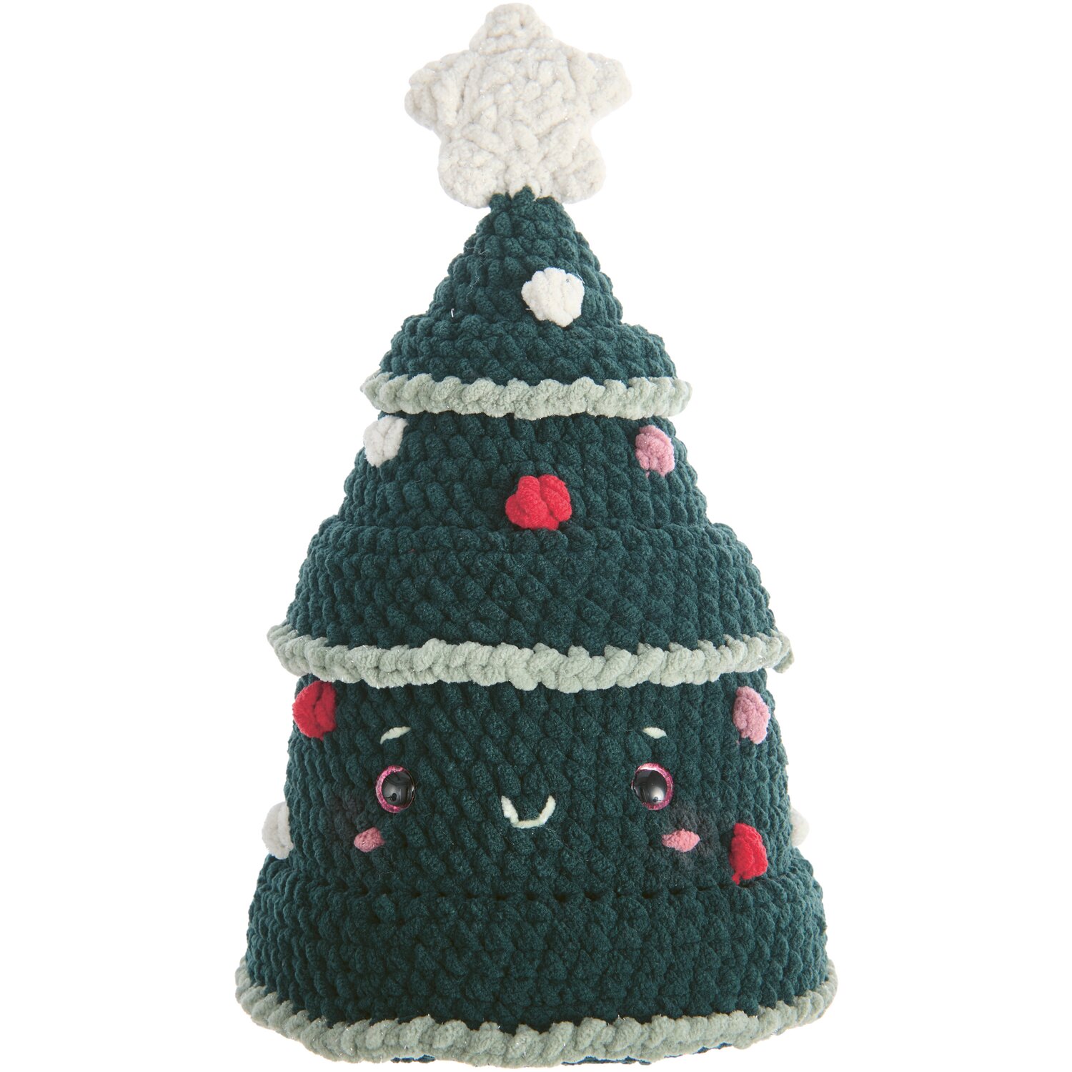 Ricorumi Nilli Nilli: Niedlicher gehäkelter Weihnachtsbaum in Dunkelgrün mit roten und weißen Details, verziert mit einem weißen Stern.