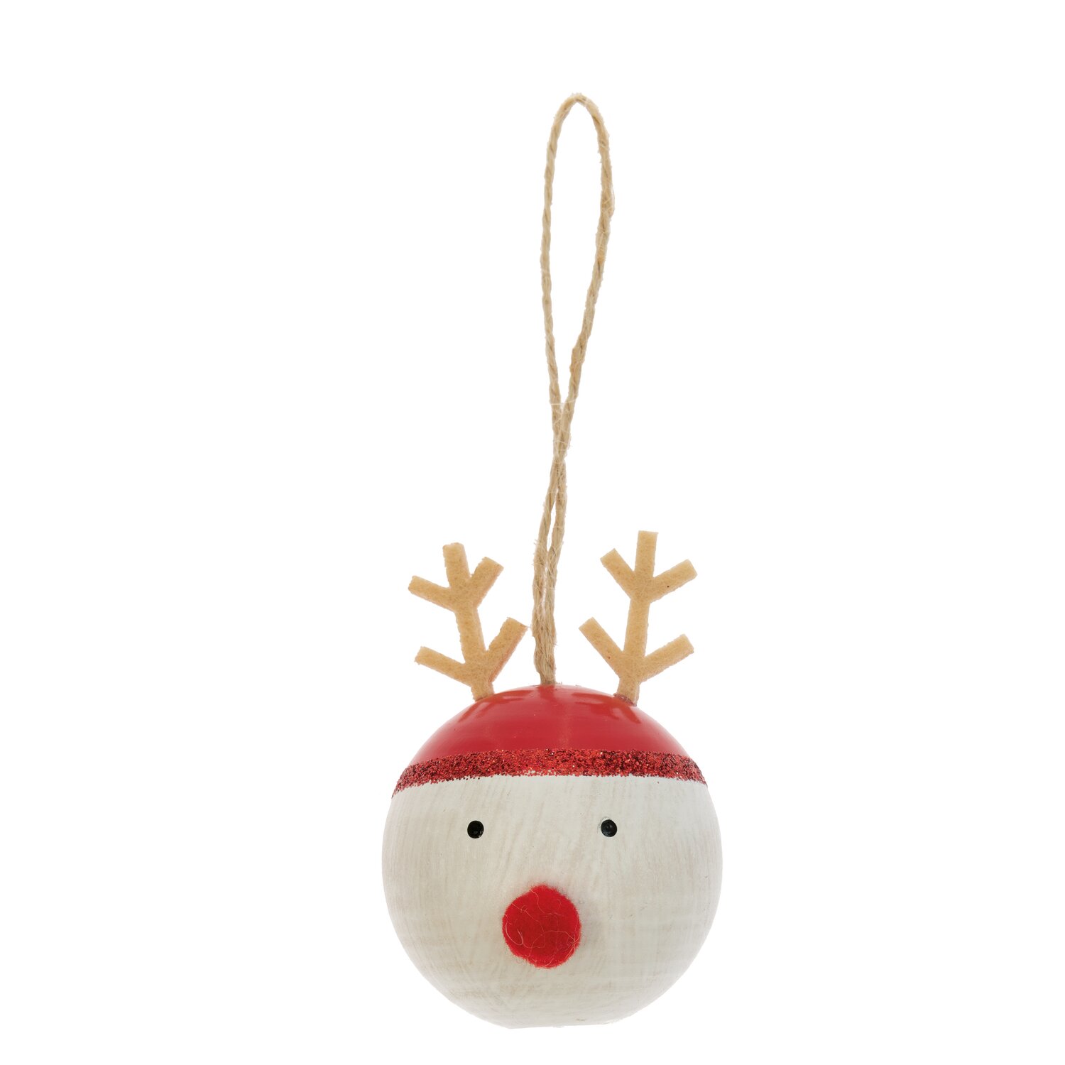 Holzhänger Rentier Kugel rot-weiß 5x7,5cm: Weihnachtlicher Anhänger in Rot und Weiß mit Rentiermotiv, ideal für festliche Dekorationen.