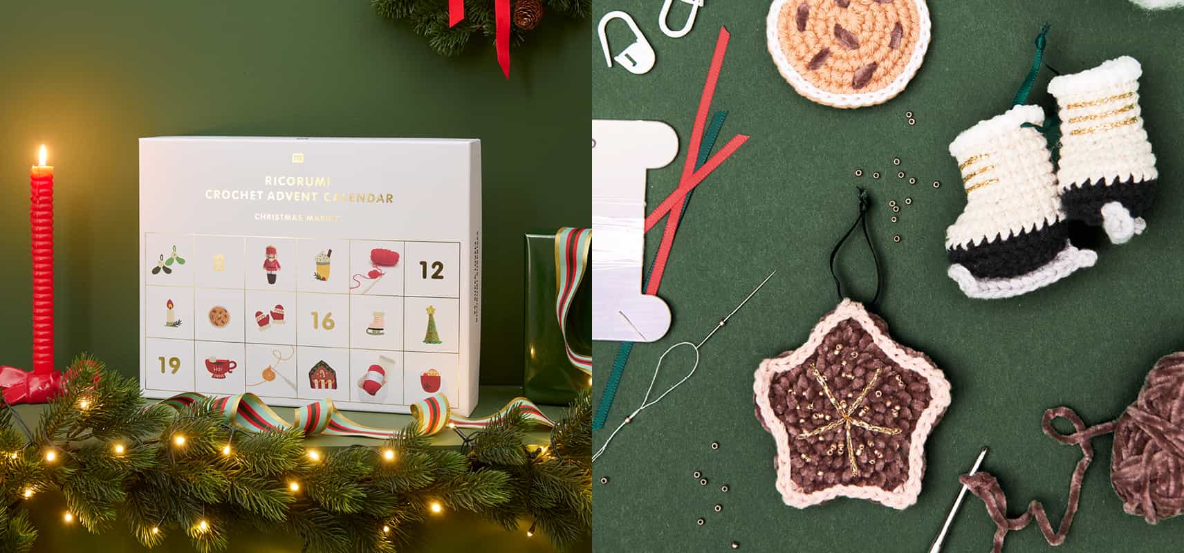 Gehäkelte Weihnachtsanhänger liegen umgeben von Häkelzubehör auf grünem Hintergrund. Daneben steht der Ricorumi Adventskalender in weihnachtlich geschmückter Umgebung