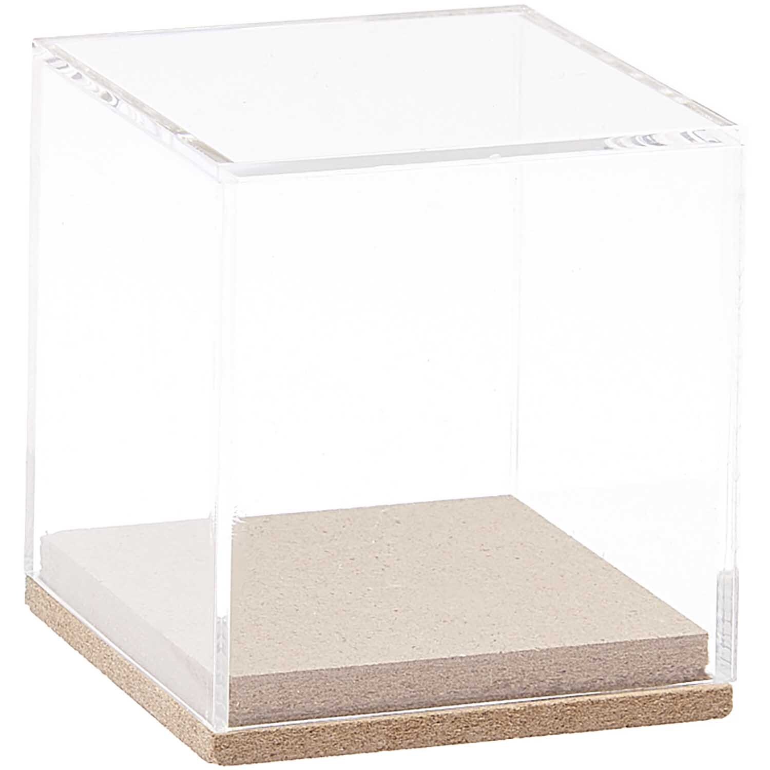 Figurico Dekohaube Würfel: Transparenter Acrylwürfel mit Holzsockel, ideal für Sammlerstücke.