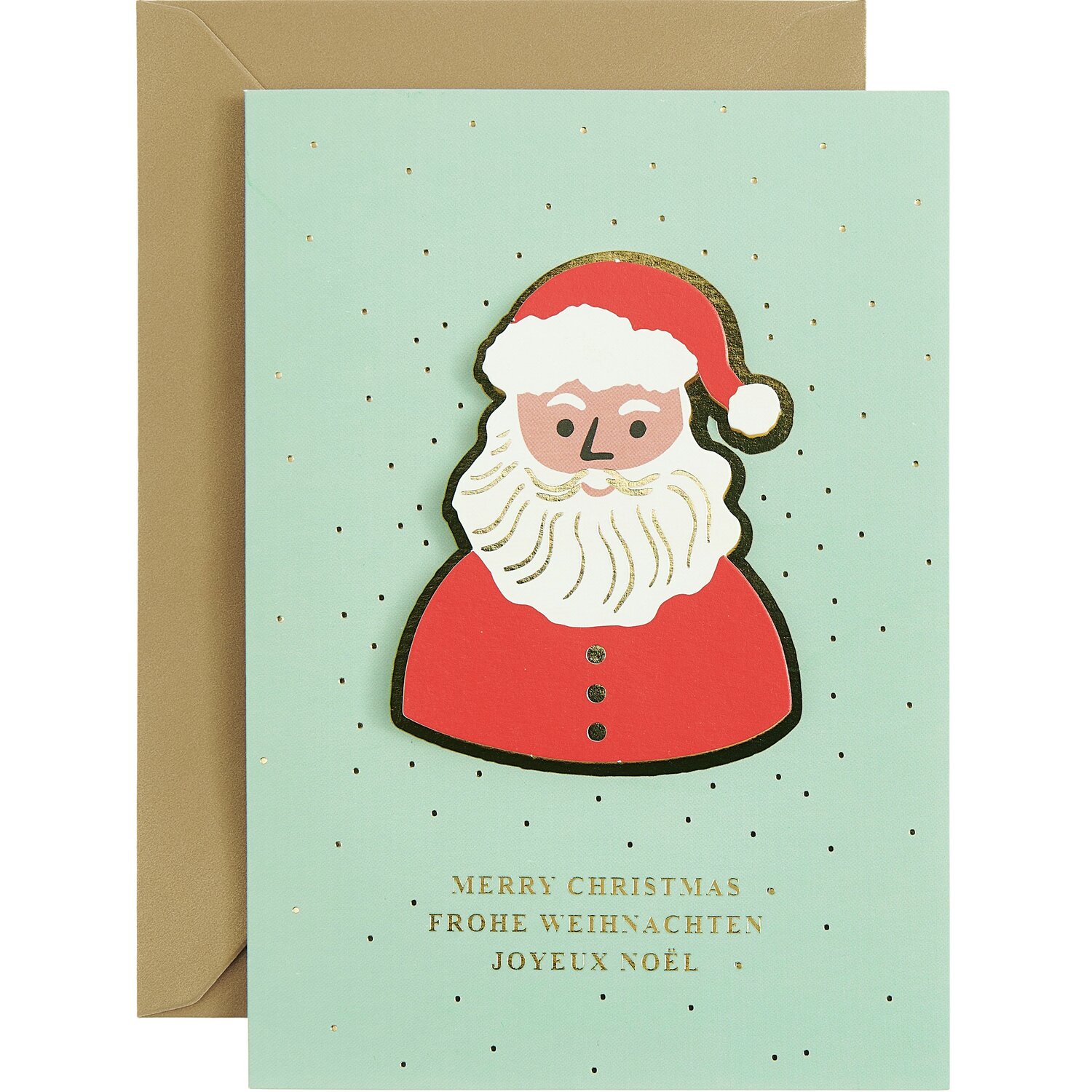 3D-Kartenset Weihnachtsmann mit fröhlichem Santa-Motiv auf hellblauer Karte von Rico Design.