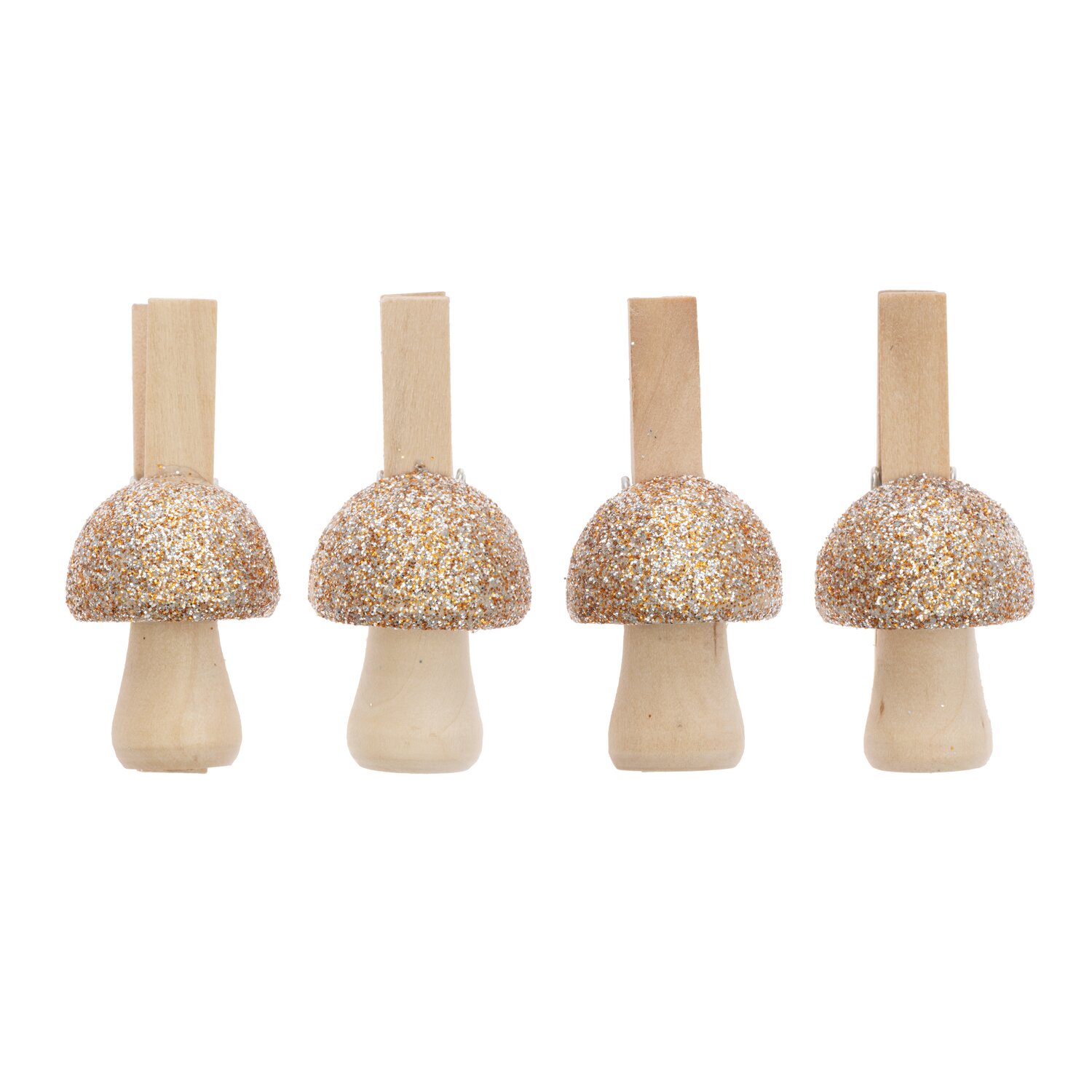 Dekoklammern Pilz mit Glitter gold 4,8cm 4 Stück: Vier glitzernde Pilzklammern in Gold von Rico Design für kreative Dekorationen.