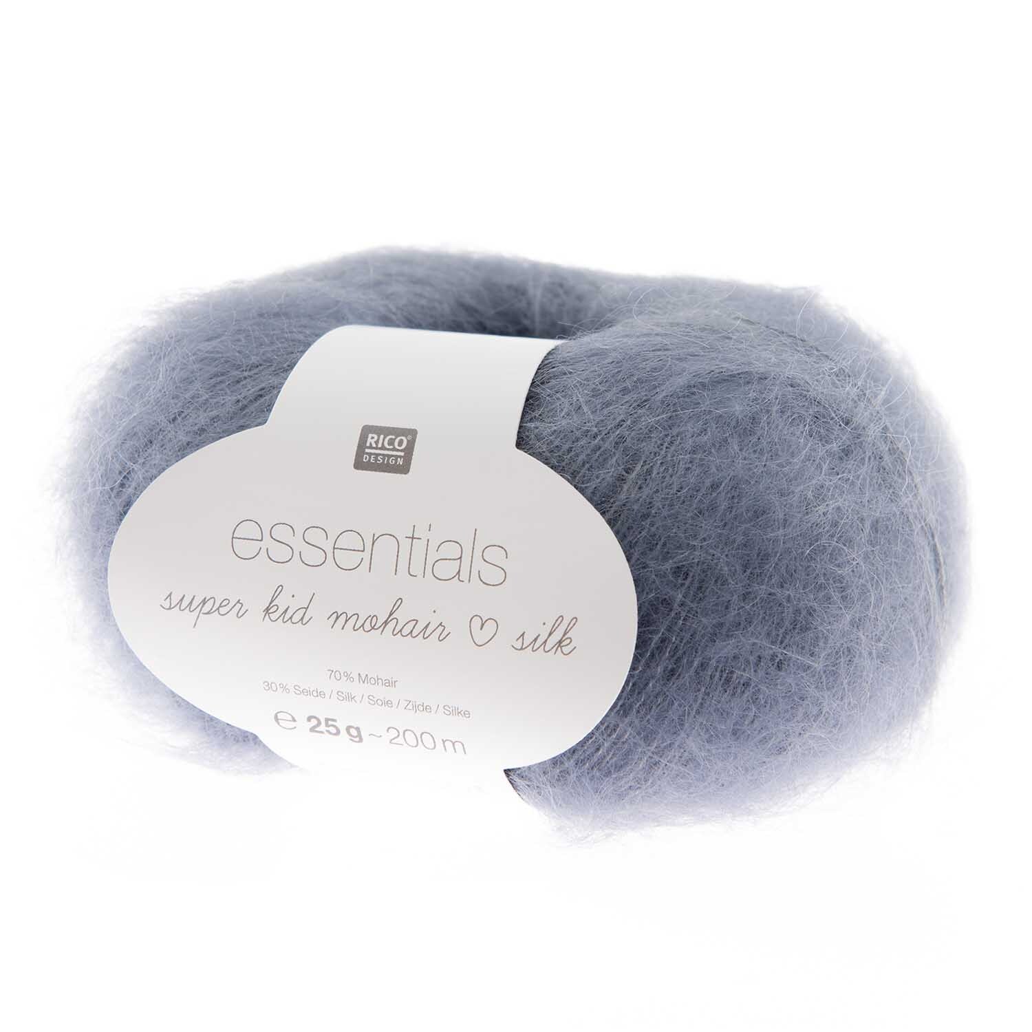 Essentials Super Kid Mohair Loves Silk 25g 200m Farbe Rauchblau von Rico Design Essentials Super Kid Mohair Loves Silk: Weiches, rauchblaues Garnknäuel von Rico Design, ideal für feine Strickprojekte.