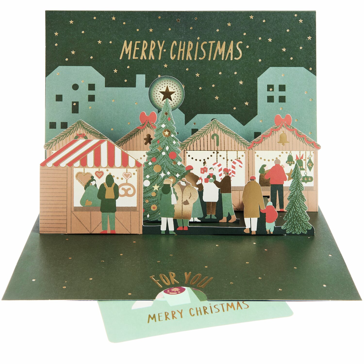 Pop-Up Karte Weihnachtsmarkt für Geldgeschenke zeigt festliche Stände und Menschen in winterlicher Szene.