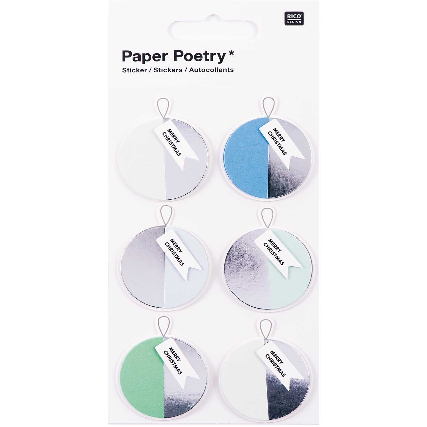 Paper Poetry 3D Sticker mit Kugeln in Blau und Silber, verziert mit Hot Foil von Rico Design.