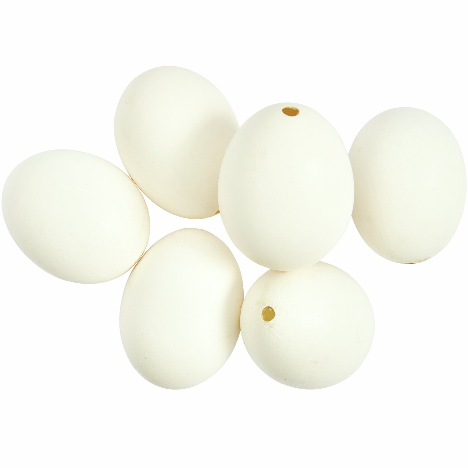 Hühnerei Weiß 6 Stück, 5,5cm, arrangiert auf weißem Hintergrund, ideal für Dekorationen.