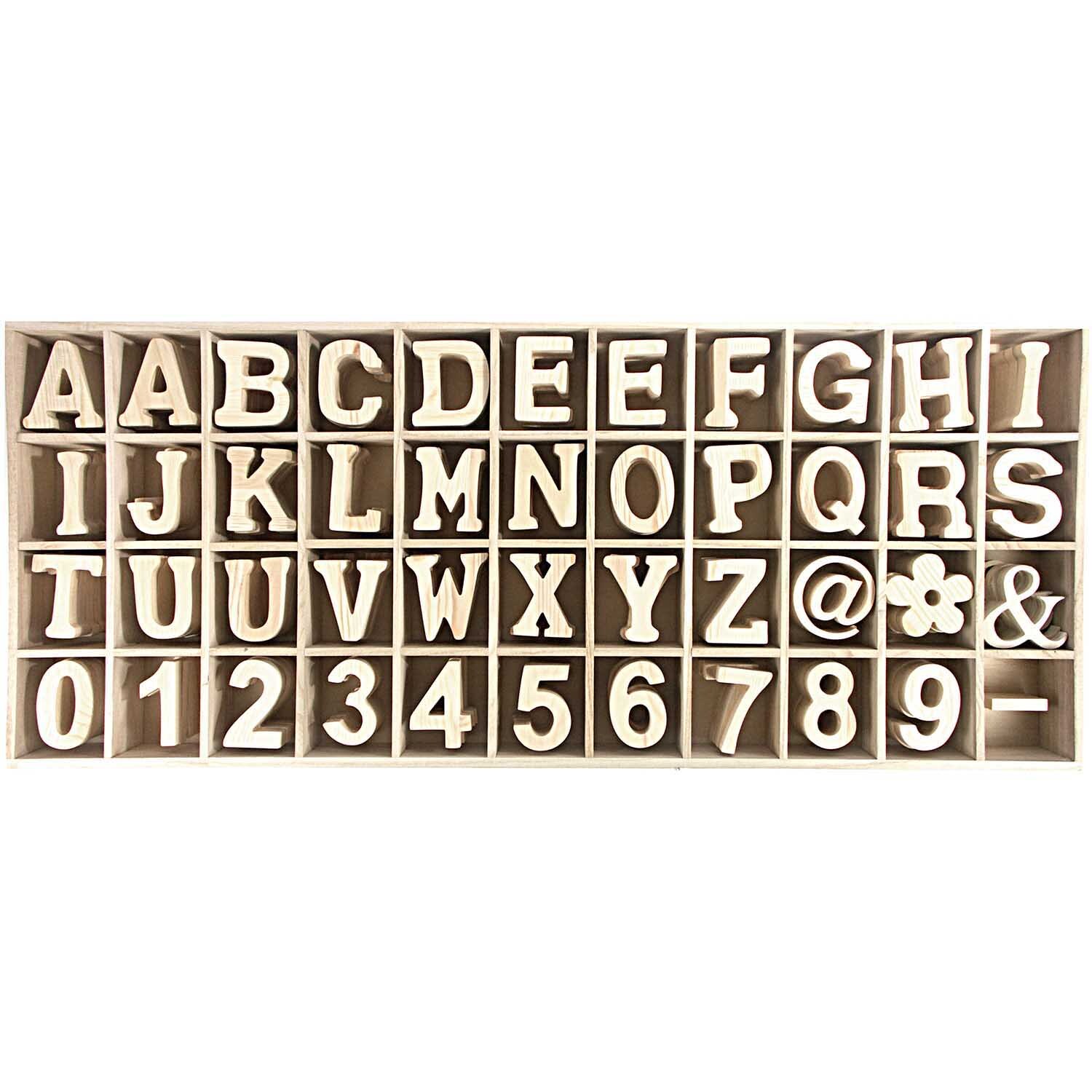 Zahlen 8cm Holz: Buchstaben und Zahlen aus Holz in Naturfarbe, sortiert in einem Raster. Ideal für kreative Projekte.