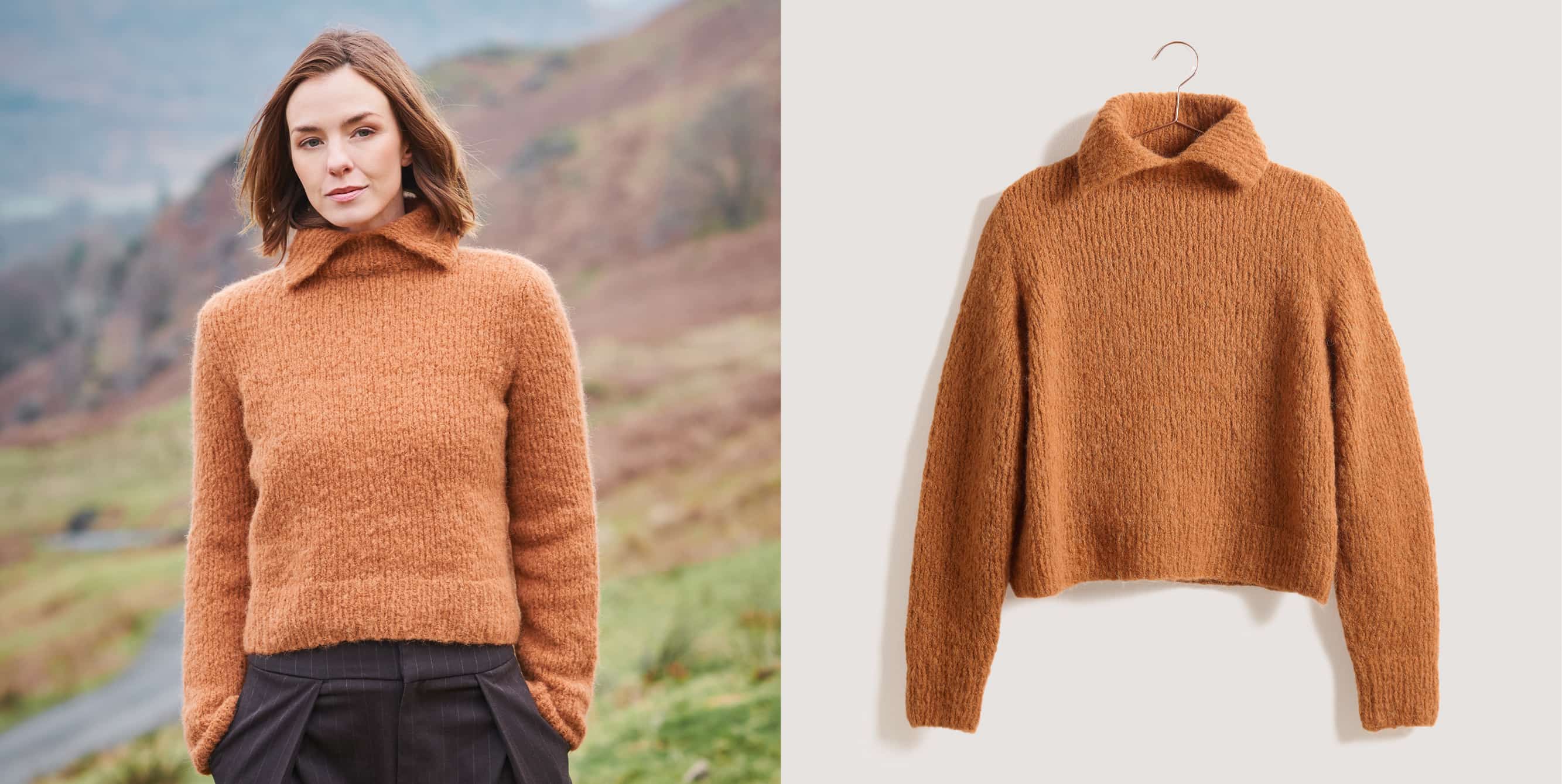 Gestrickter Pullover Modell 37 aus Lovewool No. 23 getragen von einer Frau und platziert auf einem Bügel.