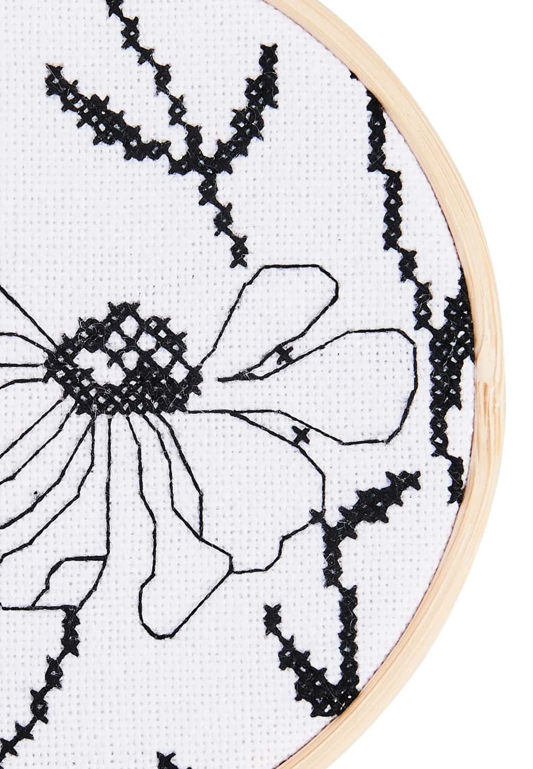 Schwarze Blumen sind im Kreuzstich auf ein Stickbild gestickt.