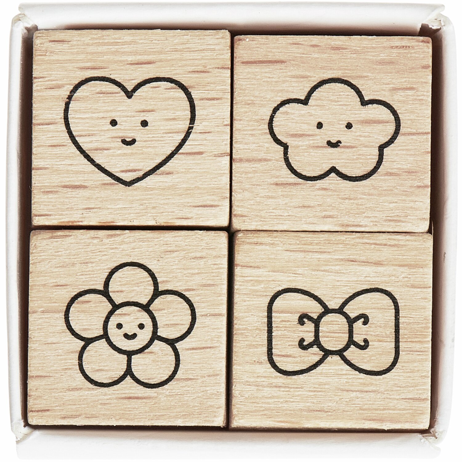 Mini-Stempelset Chingu, 4-teilig, zeigt niedliche Motive auf Holzblöcken. Perfekt für kreative Bastelprojekte.