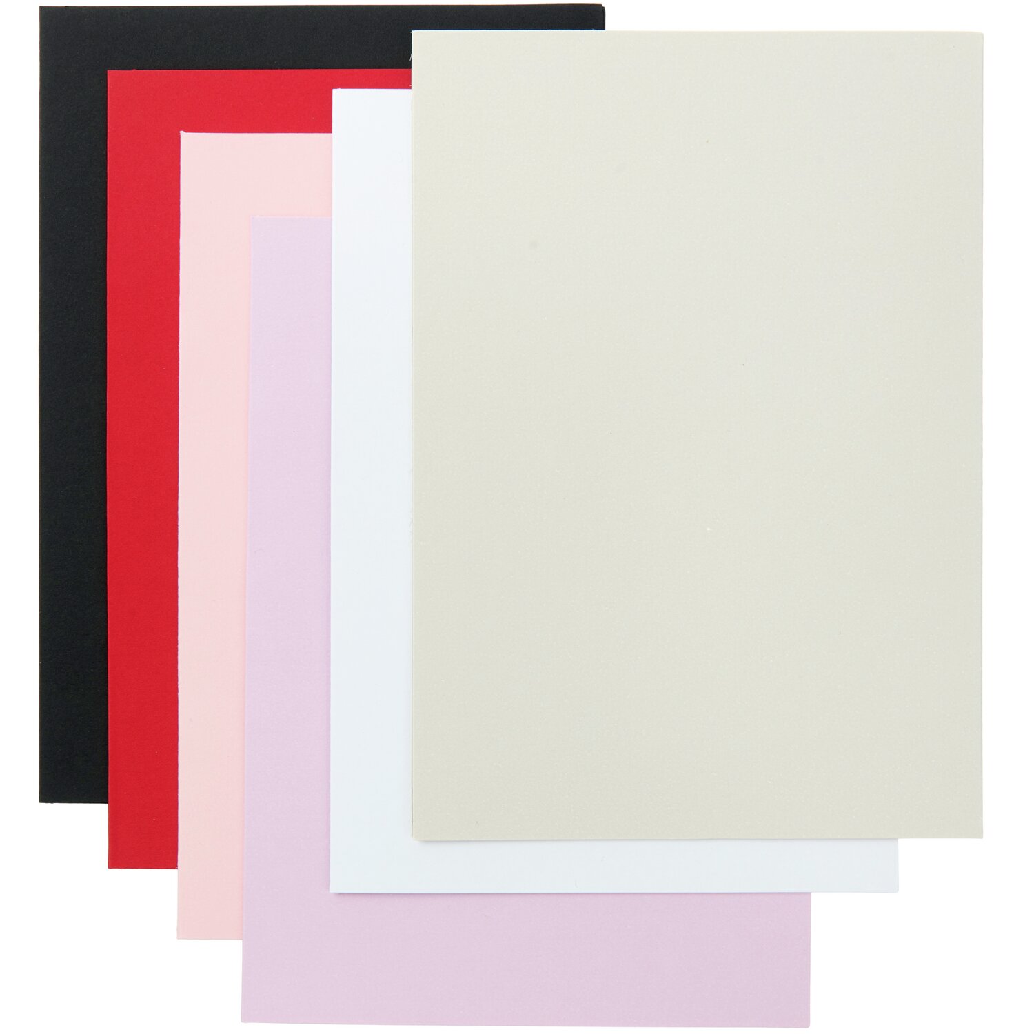 Paper Poetry Kartenset Basic B6, 36-teilig, zeigt Karten in Schwarz, Rot, Beige, Rosa und Weiß. Ideal für kreative Projekte und Grußkarten.