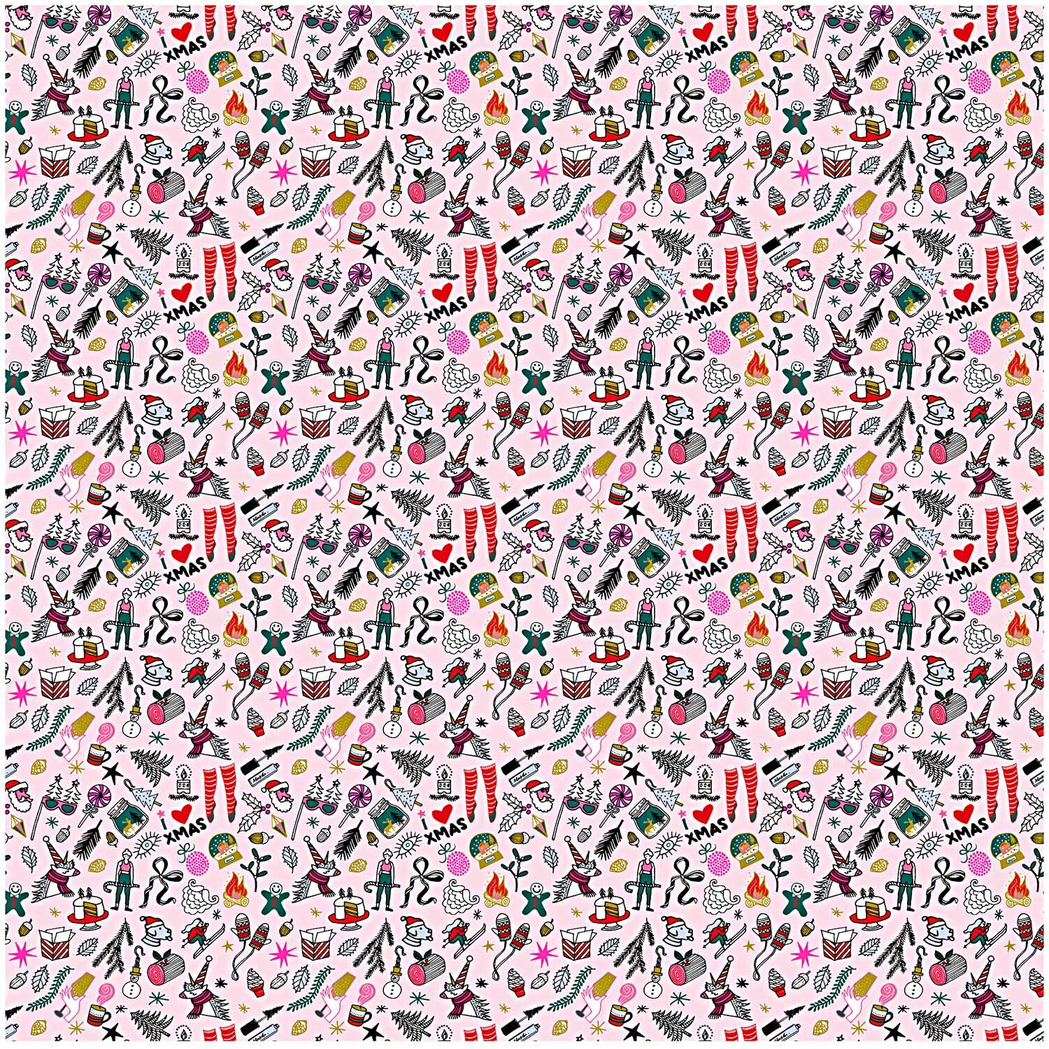 Stoff X-MAS icons gold-neon 140cm zeigt festliche Symbole auf rosa Hintergrund, entworfen von Rico Design.