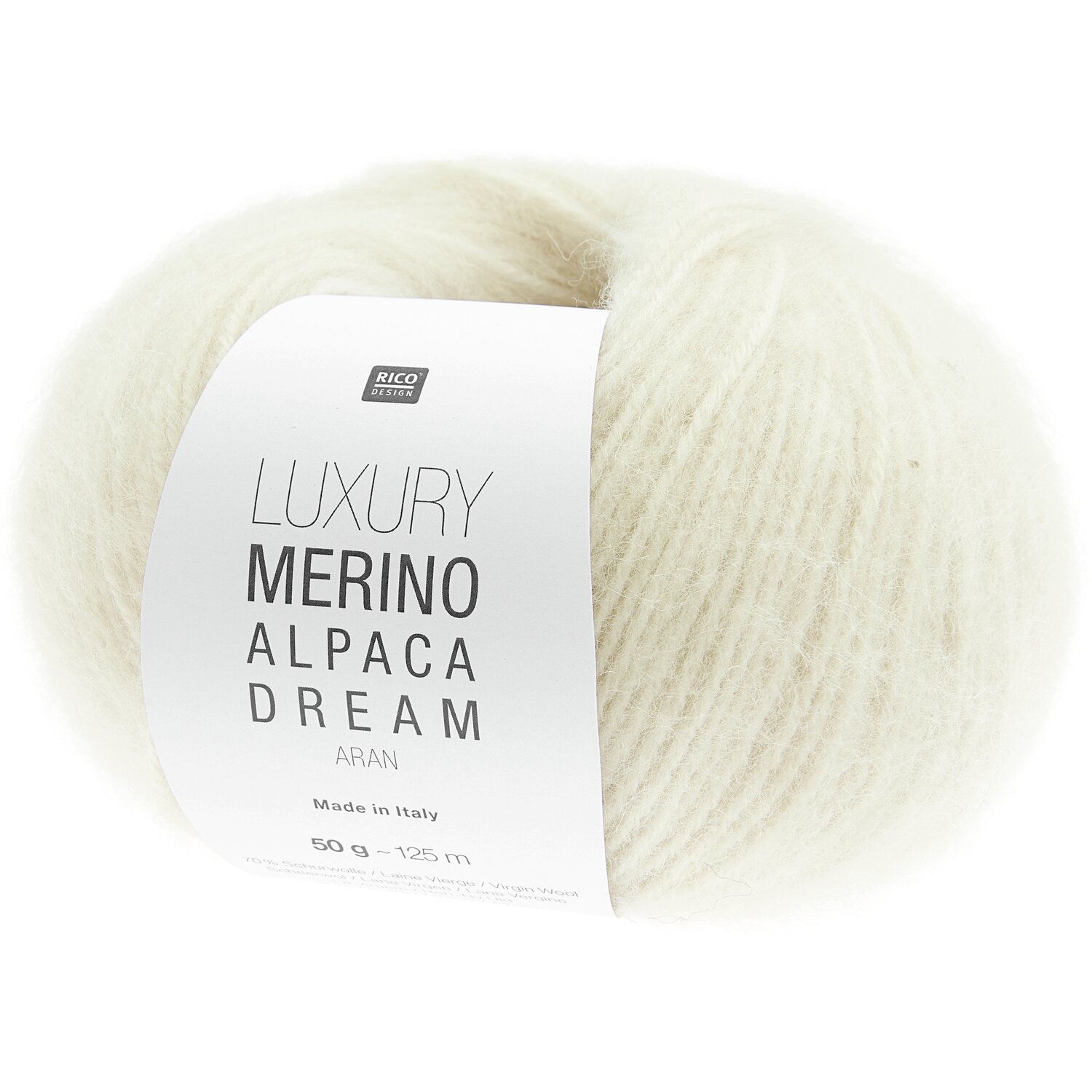 Strickset Pullover Modell 01 aus Luxury Knits - Premium Natural Fibres von Rico Design Luxury Merino Alpaca Dream Aran Wolle in Cremeweiß, ideal für hochwertige Strickprojekte.