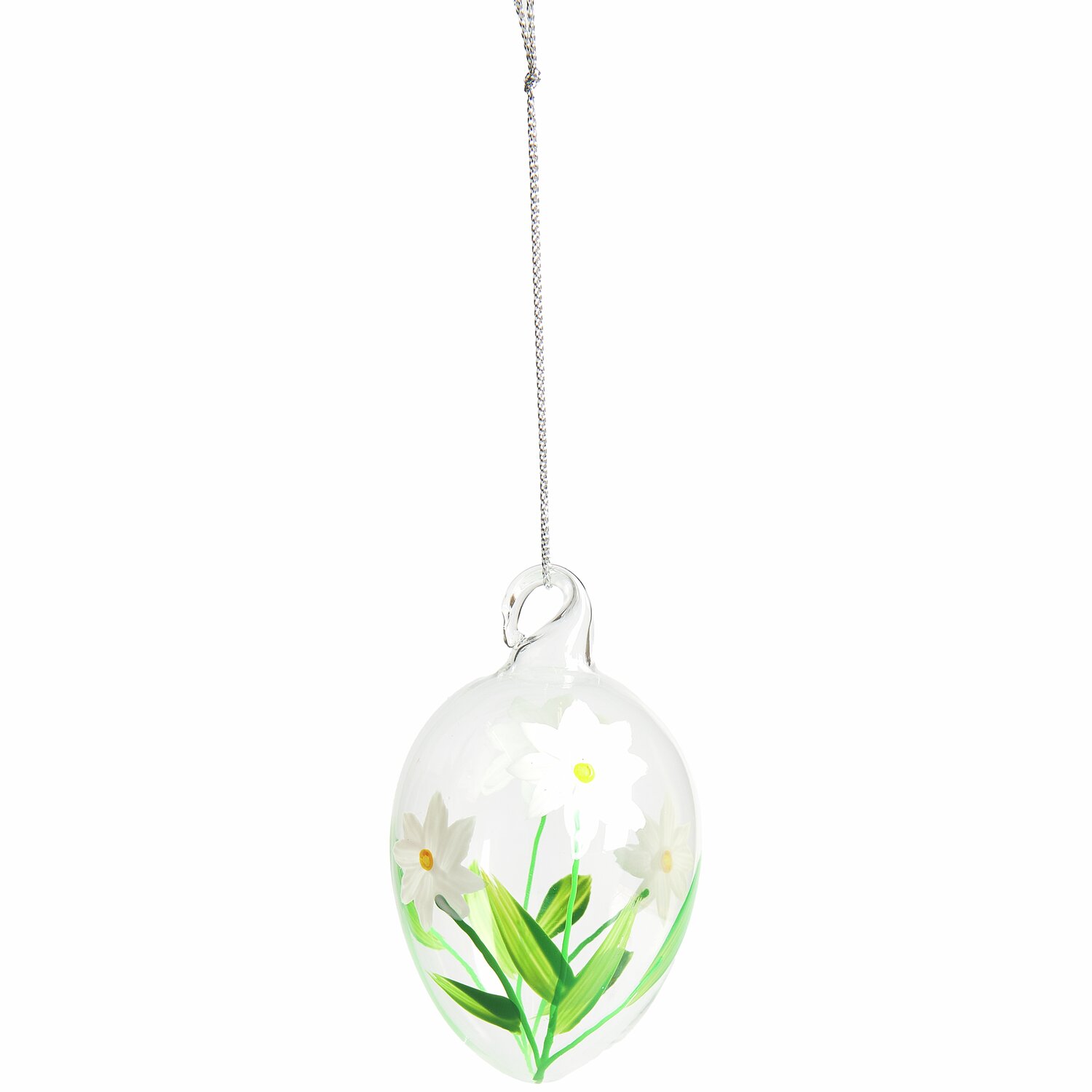 Glas Eier Blumenwiese handbemalt 4 Stück: Handbemaltes Glasei mit Blumenmotiv, hängend an silbernem Faden, 8xØ4,5cm. Ideal für Frühlingsdekoration.