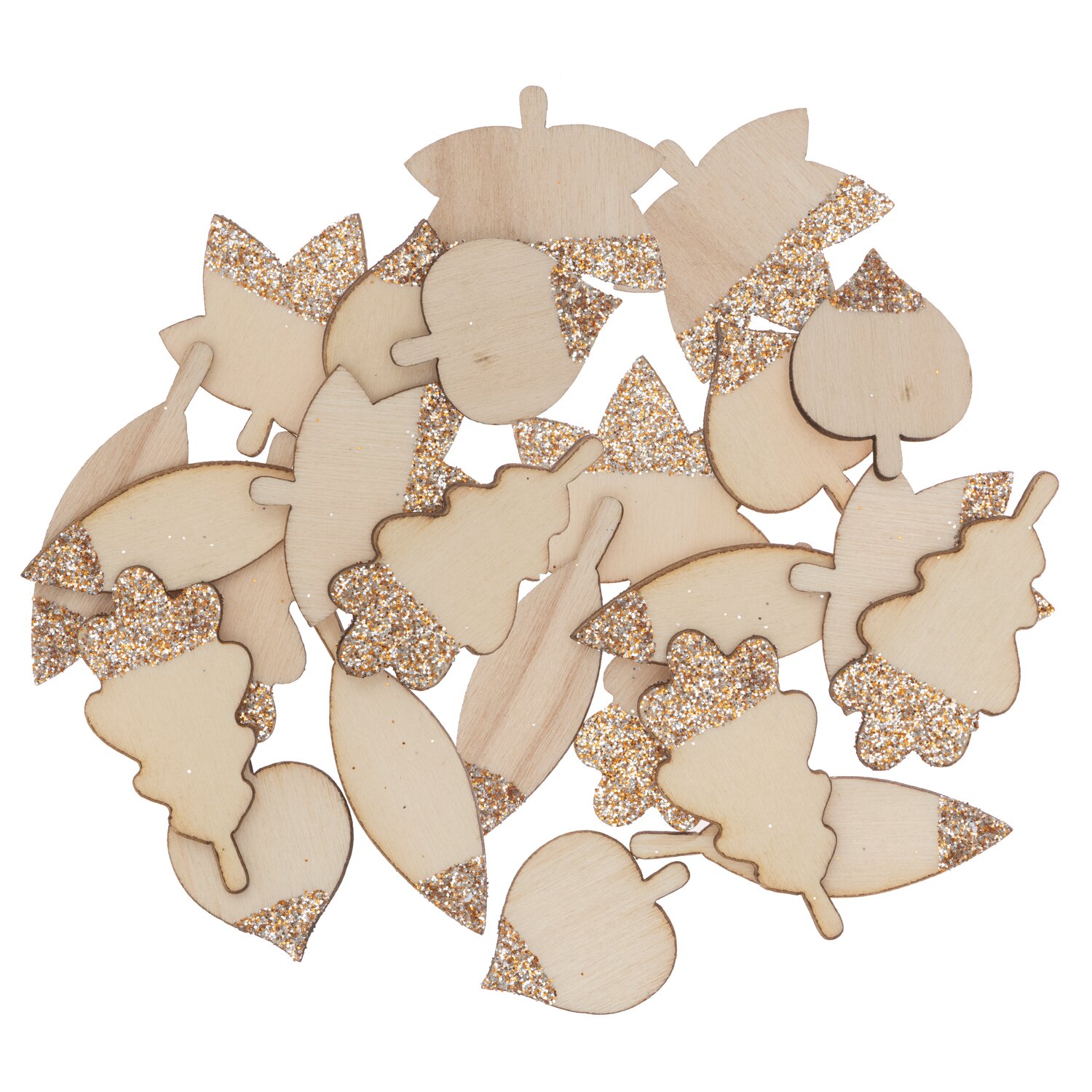 Holzstreu Blätter Mix mit Glitter natur-roségold, 48 Stück. Dekorative Holzblätter mit funkelndem Glitzerakzent, ideal für kreative Projekte.