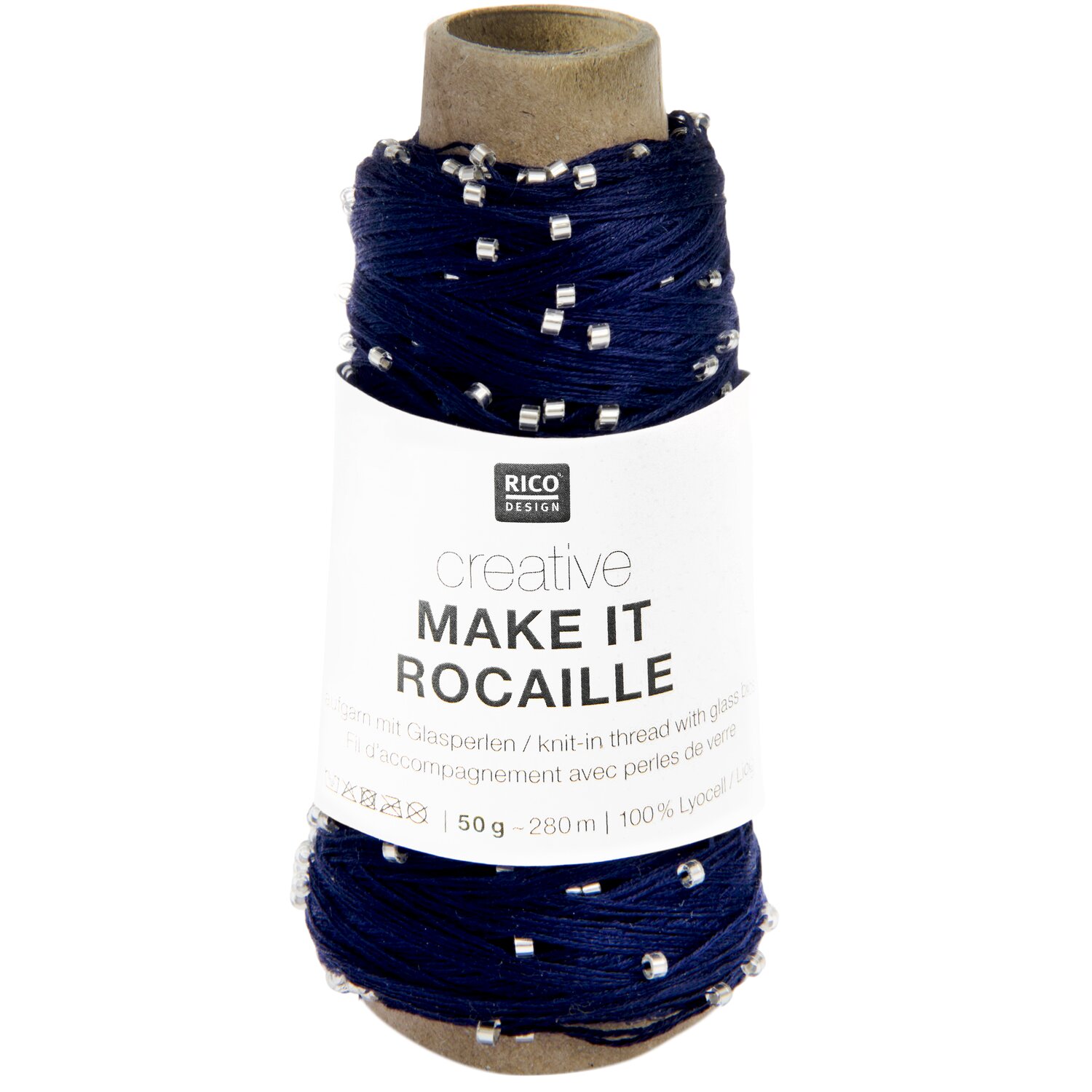 Creative Make It Rocaille, dekoratives Strickgarn von Rico Design mit silbernen Perlen, 50g 280m Knäuel auf Papphülse für feine Häkel- und Strickprojekte