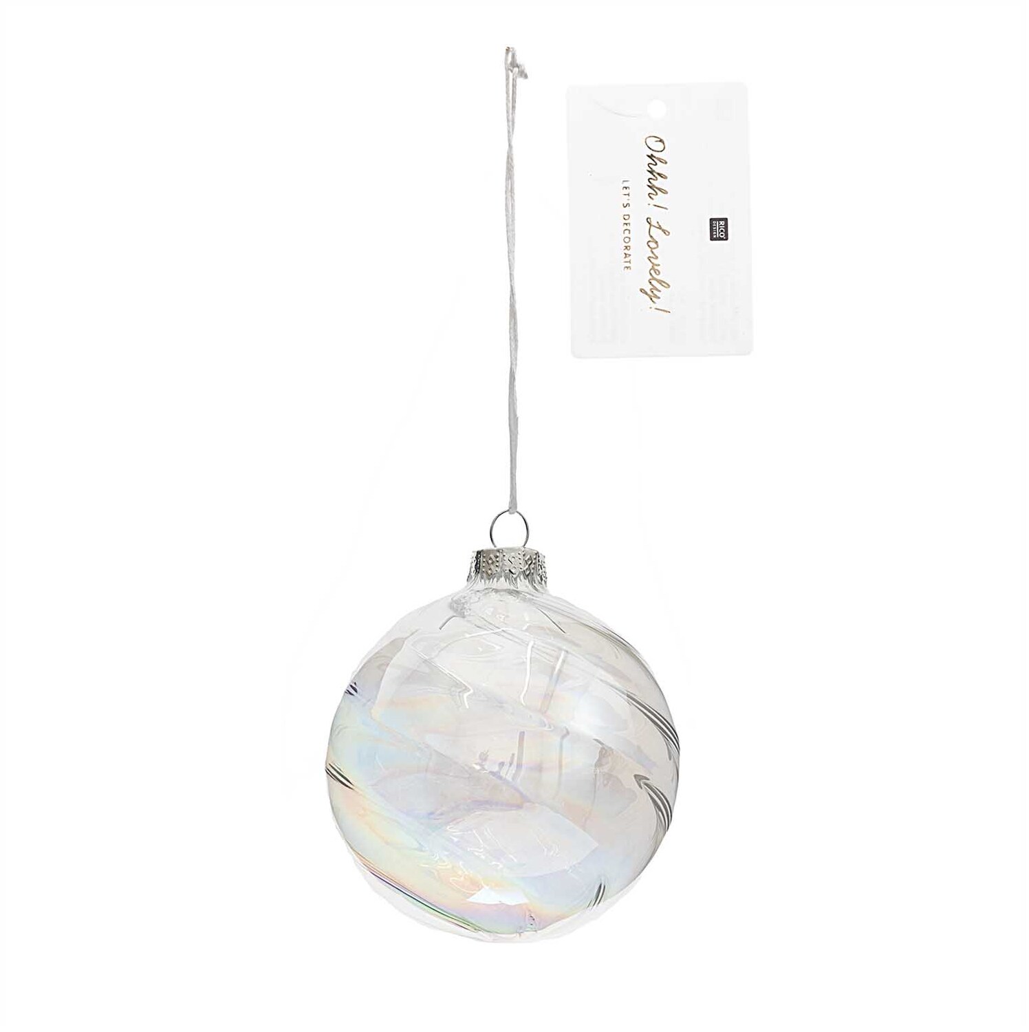 Baumschmuck Glaskugel klar-irisierend von Rico Design, hängend mit schimmernder Oberfläche und silbernem Aufhänger.