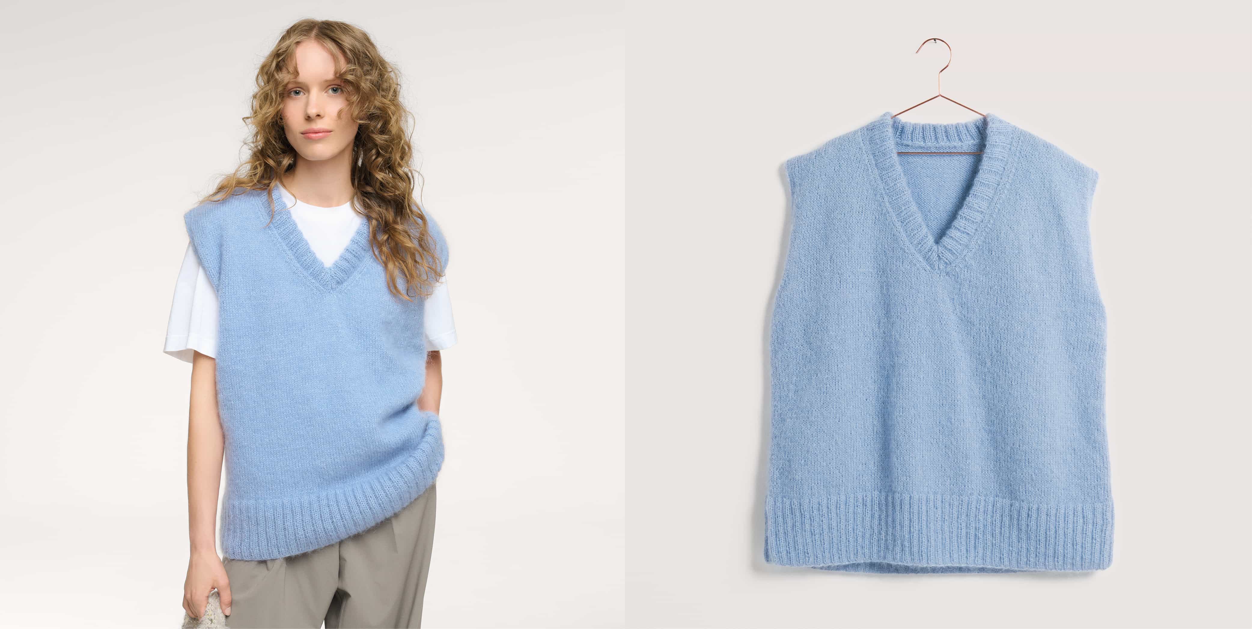 Gestrickter Pullunder Modell 10 aus Made by Me No. 22 getragen an weiblichem Model und auf einem Bügel.