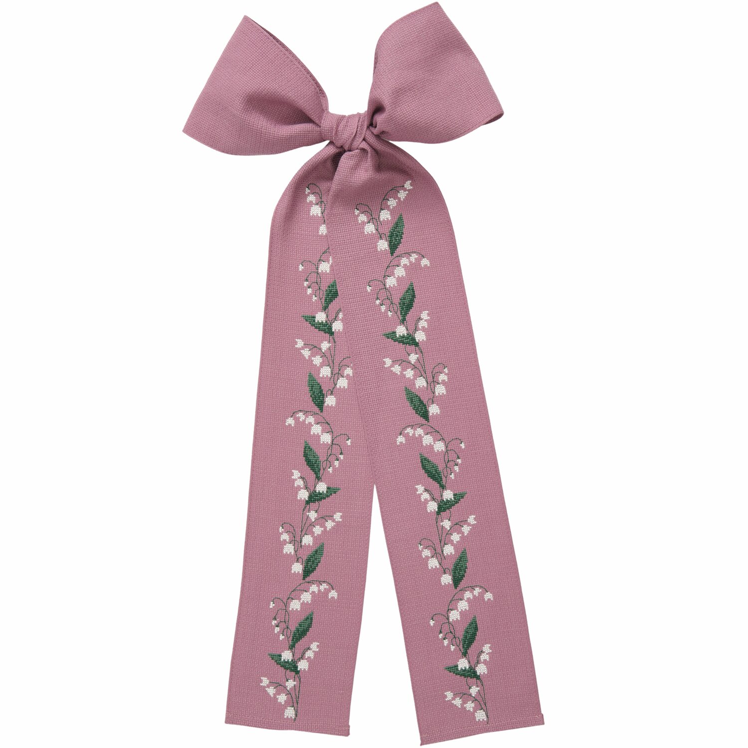 Stickpackung Gezählter Kreuzstich Schleife Maiglöckchen, rosa, 30x54cm, von Rico Design, zeigt Maiglöckchen-Stickerei auf Stoff.