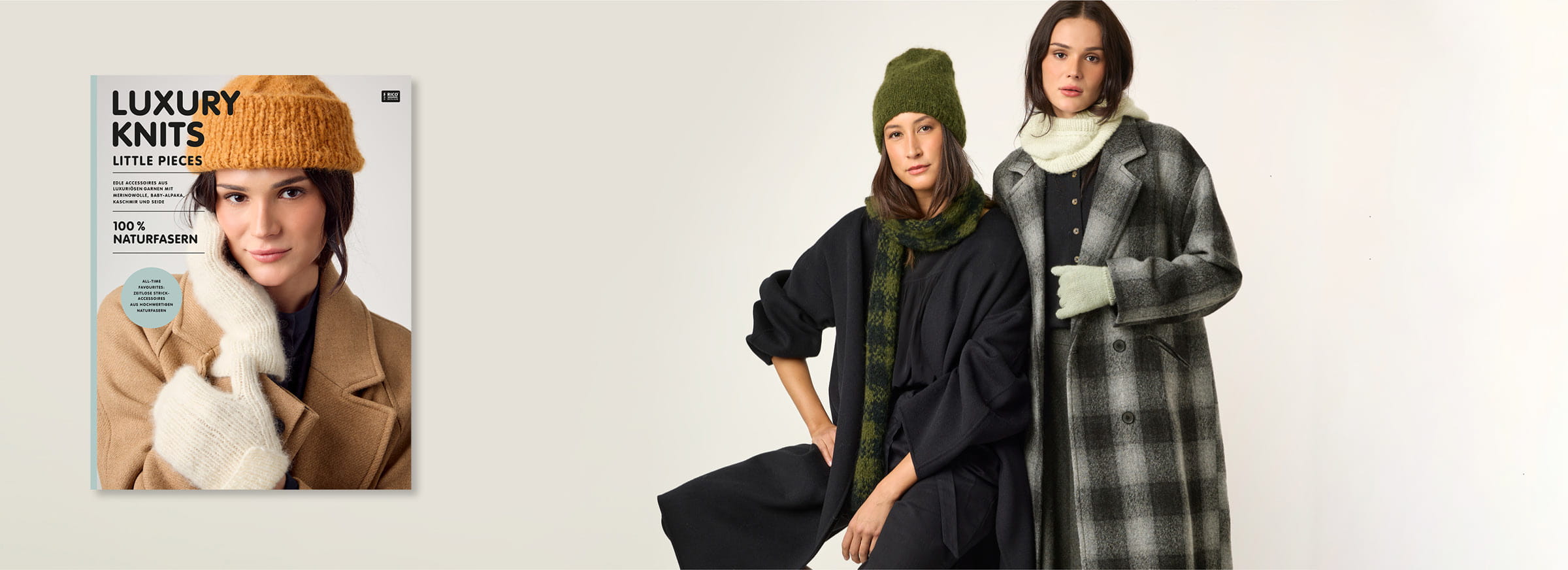 Zwei Frauen tragen gestrickte Accessoires und posieren vor hellem Hintergrund. Daneben ein Cover des Handstrick Magazins Luxury Knits Little Pieces.