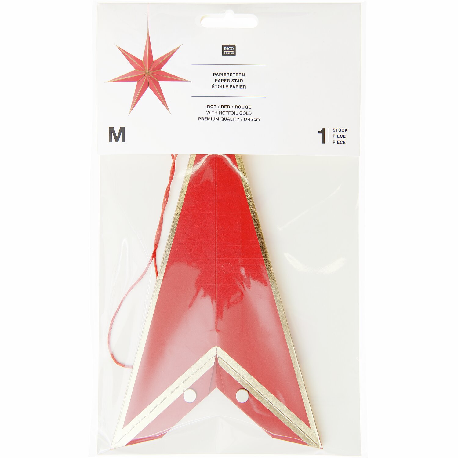 Papierstern von Rico Design in Rot/Gold, Ø45cm, in Verpackung mit Sternmotiv und Aufhängung.