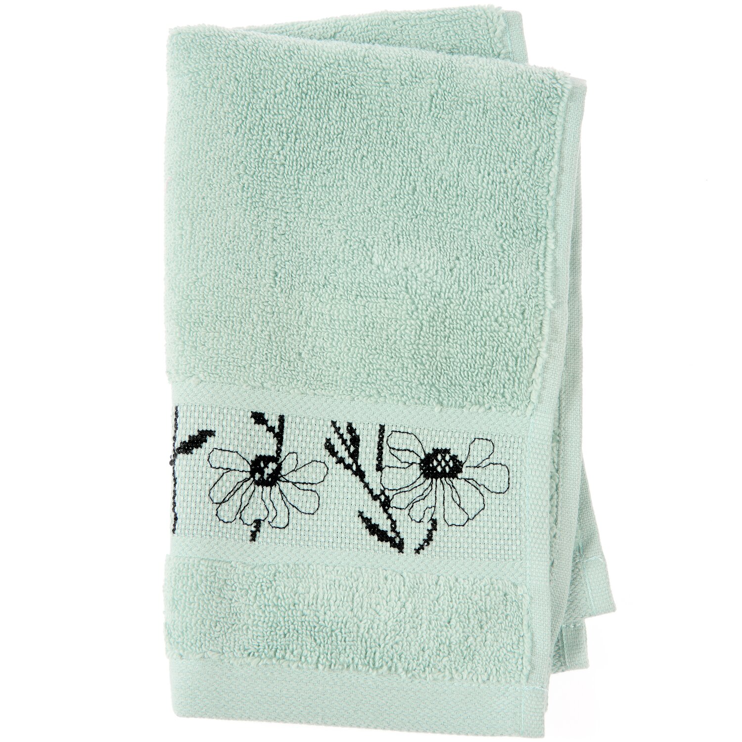 Stickset Gästetuch, Mint Modell 80853 aus Stickbuch 186 zeigt ein weiches Gästehandtuch mit gesticktem Blumenmuster im Bordürenbereich, dekorativ gefaltet.