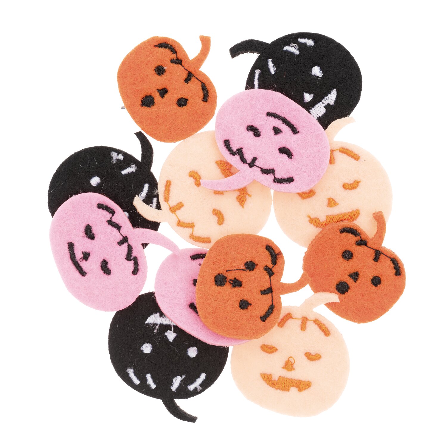 Filzstreu Kürbis Mix mehrfarbig 12 Stück zeigt bunte Kürbisse in Rosa, Orange und Schwarz. Ideal für kreative Herbstdekorationen.