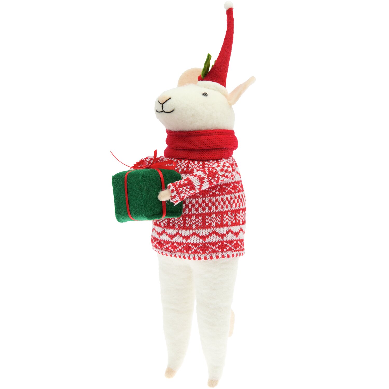 Filz-Maus XXL mit Geschenk und rotem Strickpulli, 37x9x13cm. Niedliches Design von Rico Design.