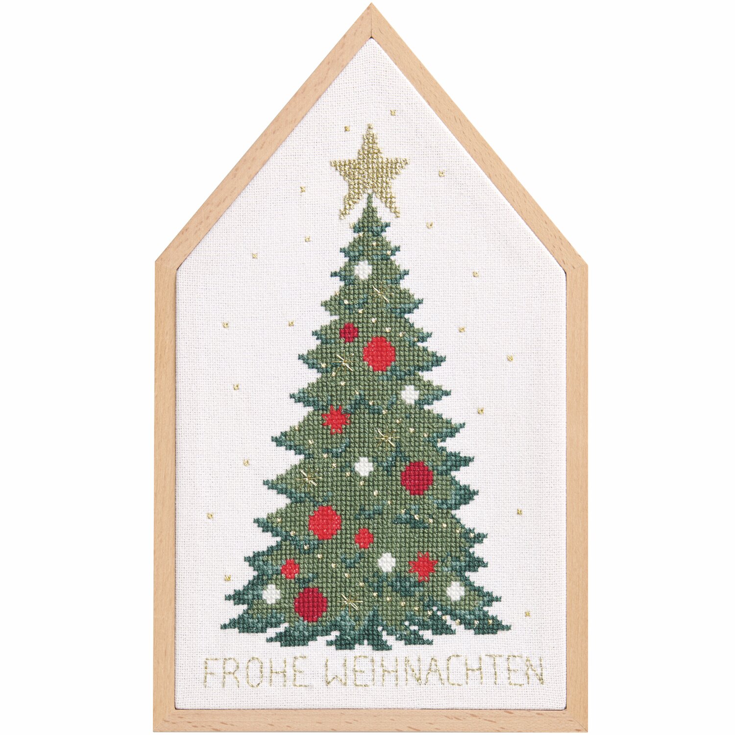 Stickpackung Weihnachtsbaum von Rico Design zeigt einen festlichen Baum mit roten Kugeln und einem goldenen Stern, 16x27cm.