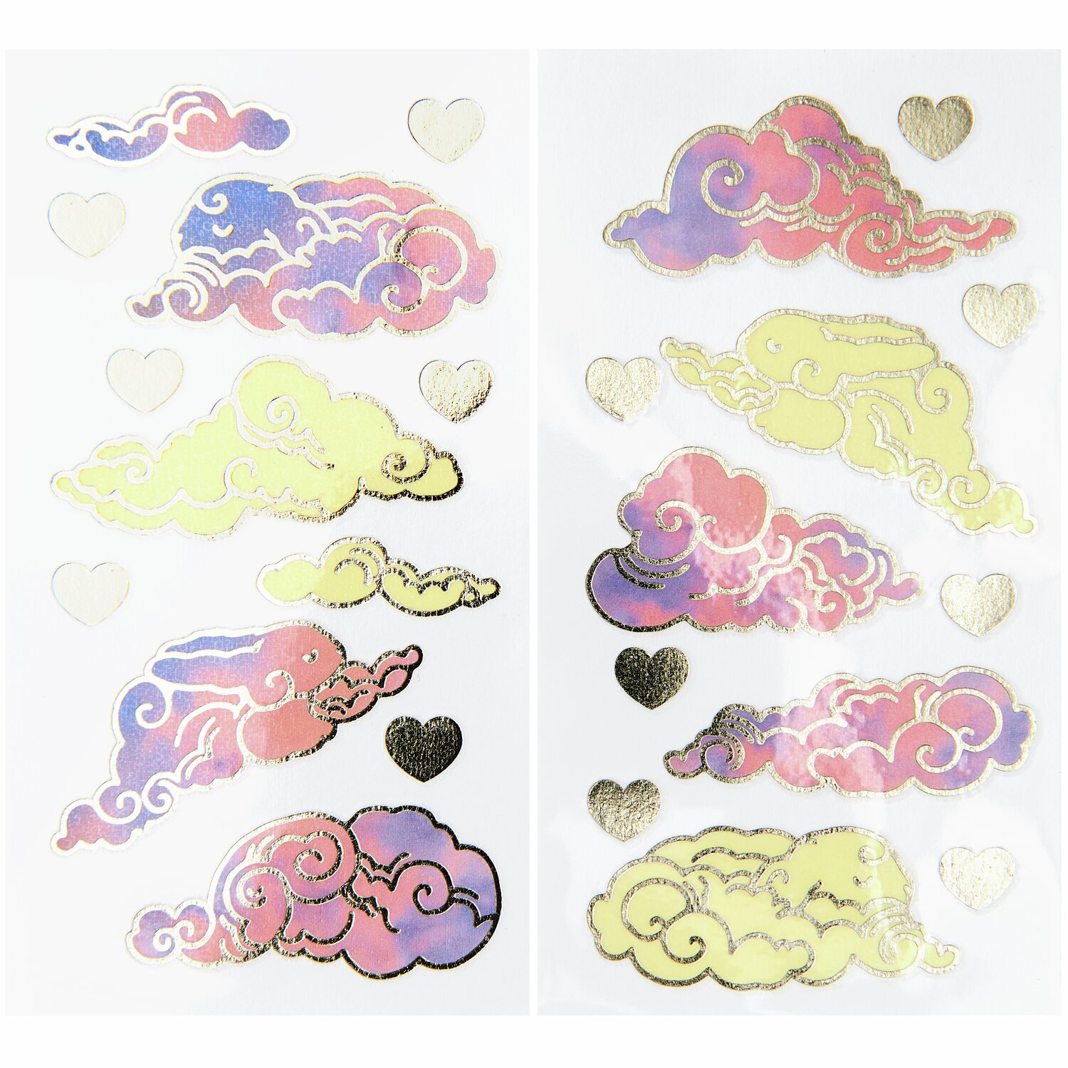 Tattoos Wolken, 24-teilig: Bunte Wolken-Tattoos mit goldenen Herzen, ideal für kreative Designs.