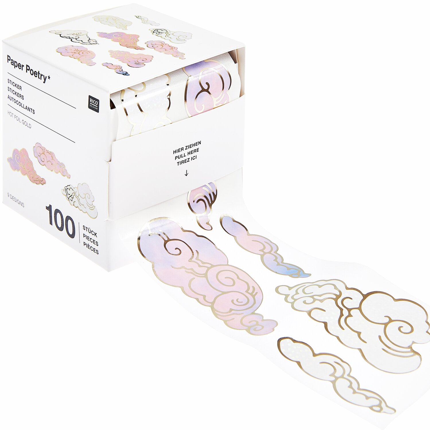 Paper Poetry Sticker auf Rolle Wolken, 100-teilig, in sanften Pastelltönen von Rico Design.