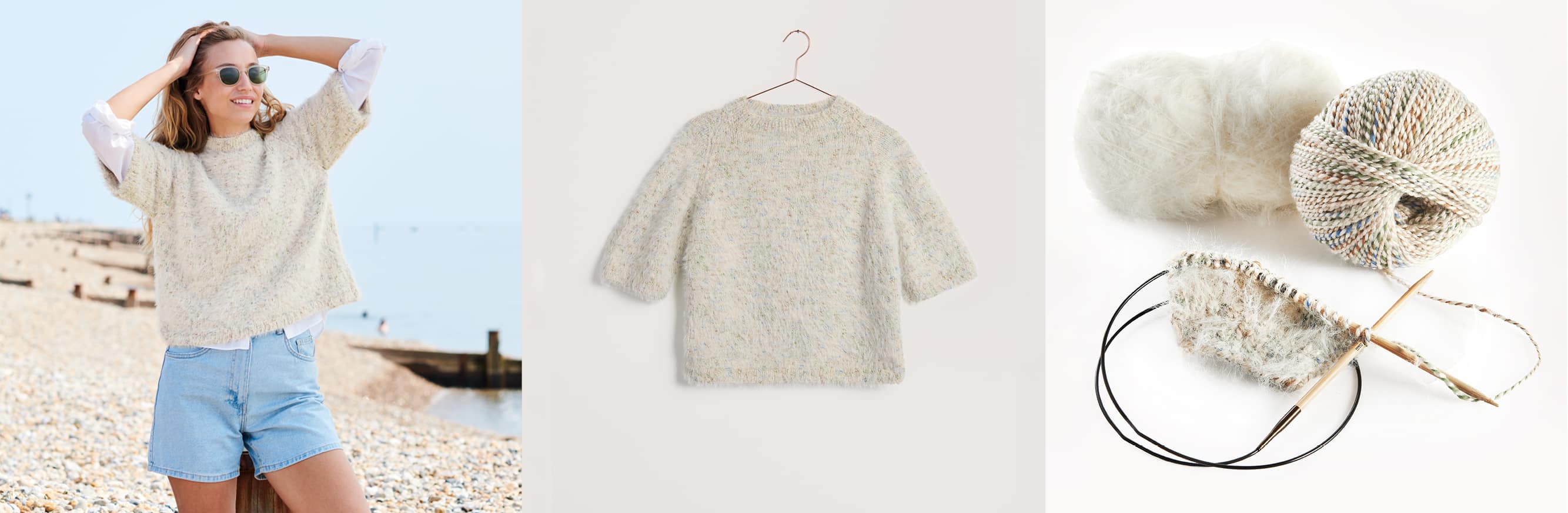 Gestricktes Shirt Modell 33 aus Lovewool No. 22 getragen an einer Frau und platziert auf einem Bügel. Daneben Wollknäuel in Cremetönen und Strickstück an Rundstricknadeln.