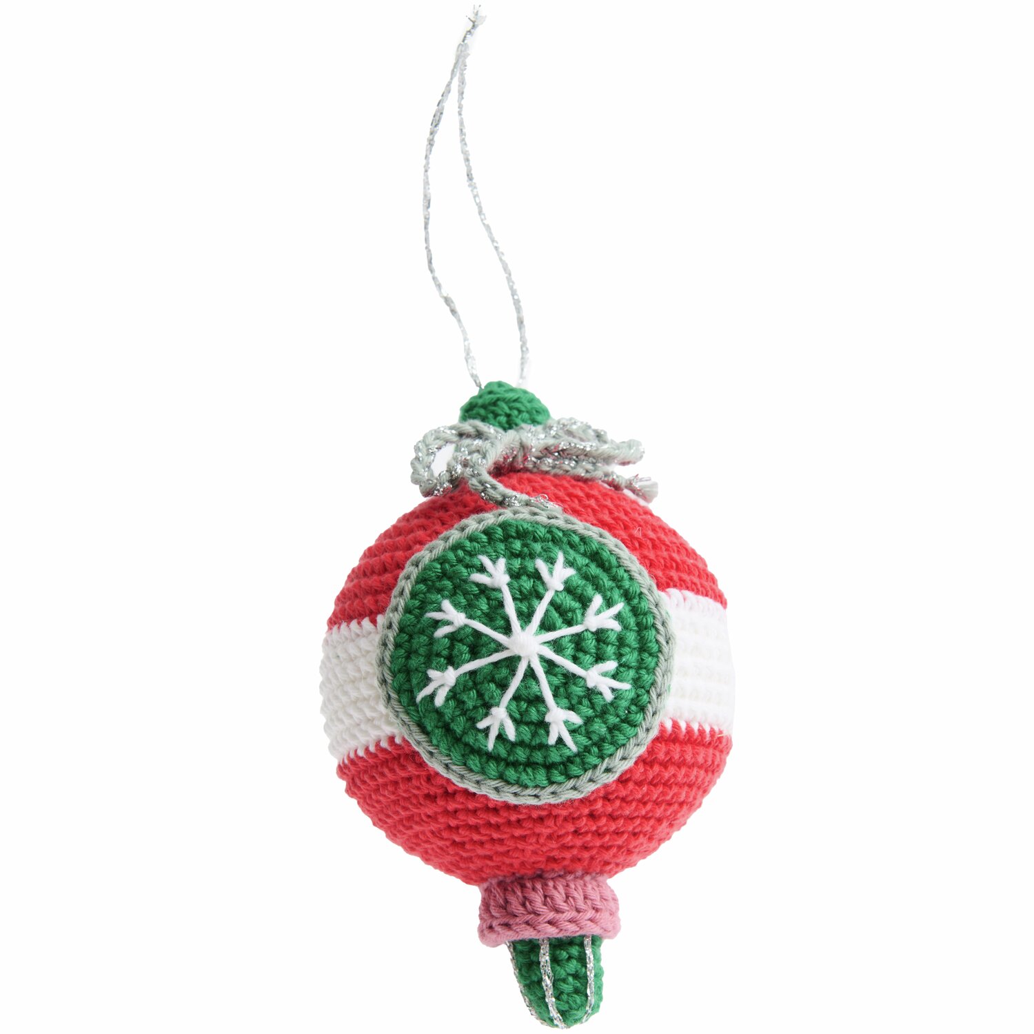 Ricorumi Häkelset Christbaumkugeln Silber: Handgehäkelte Kugel in Rot und Grün mit Schneeflockenmuster, ideal für festliche Dekorationen.