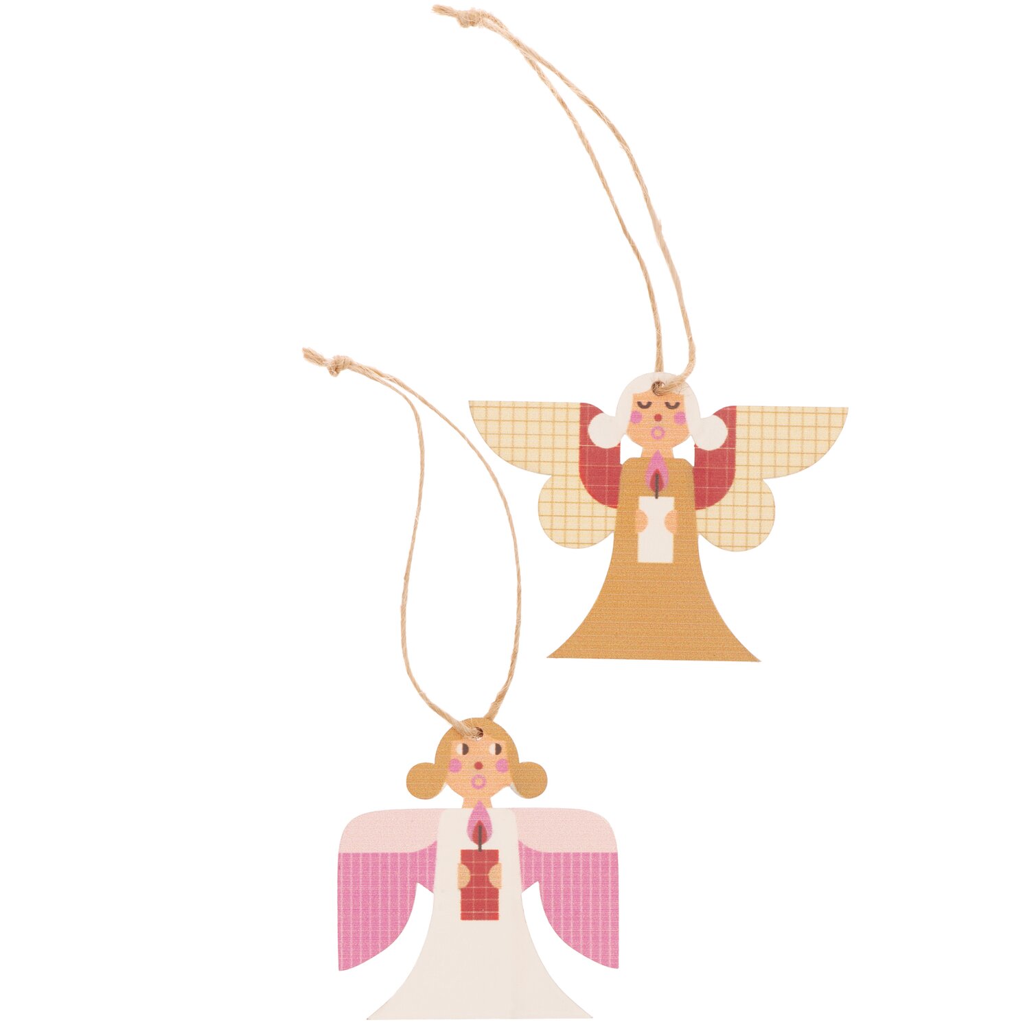 Holzhänger Engel Mix rosa-gold 2 Stück: Zwei mehrfarbige Engel aus Holz mit Aufhängung, ideal für festliche Dekorationen.
