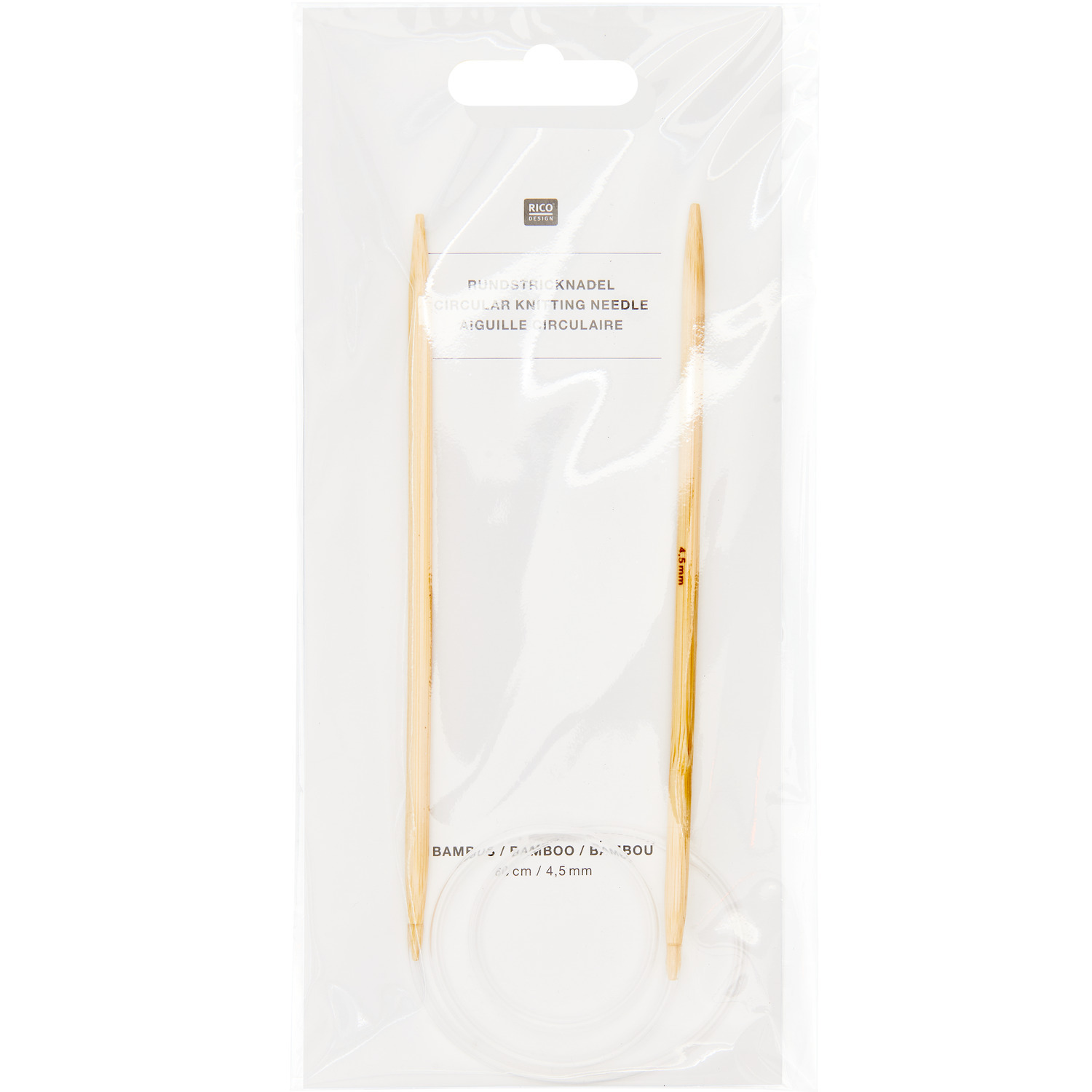 Rundstricknadel 60cm Bambus von Rico Design in transparenter Verpackung, ideal für Strickprojekte.