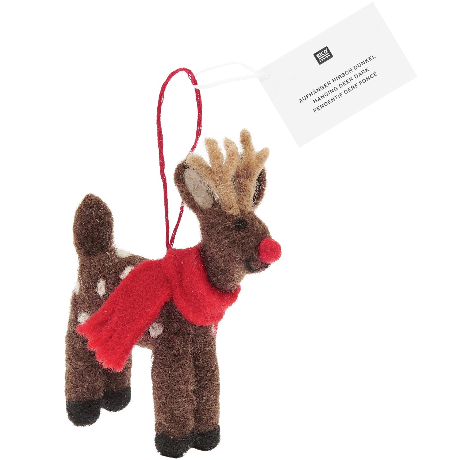 Aufhänger Filz-Hirsch mit Schal von Rico Design, dunkelbraun, mit rotem Schal, ideal als Weihnachtsdekoration.