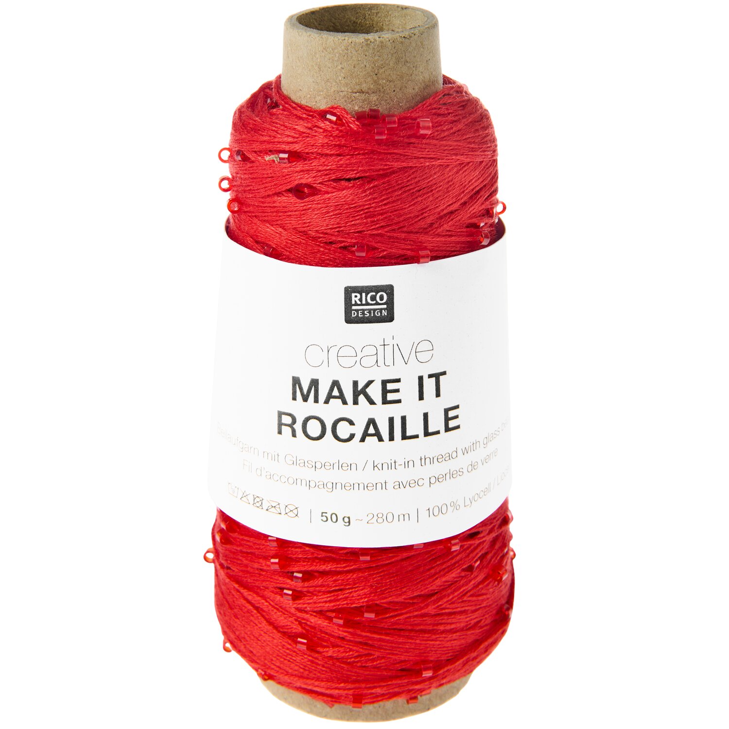 Creative Make It Rocaille, Rico Design Garnknäuel mit feinem Faden und eingearbeiteten Rocaille-Perlen in leuchtendem Rot, Subtitel 50g 280m