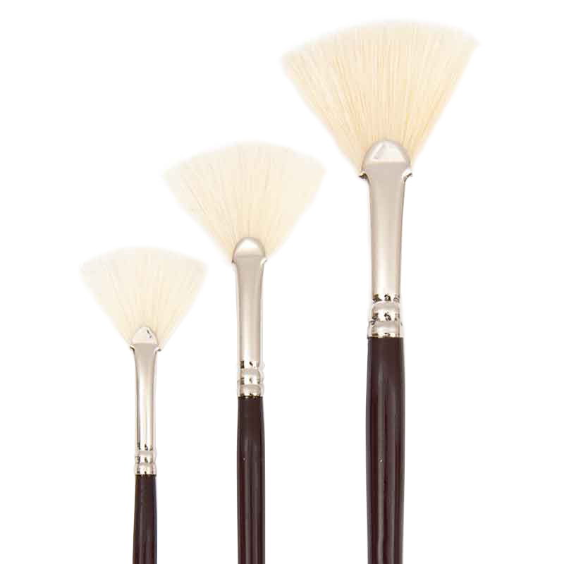 Pinsel Art School Öl Borste Fächer von Rico Design, drei Fächerpinsel mit hellen Borsten und dunklen Griffen. Ideal für kreative Maltechniken.
