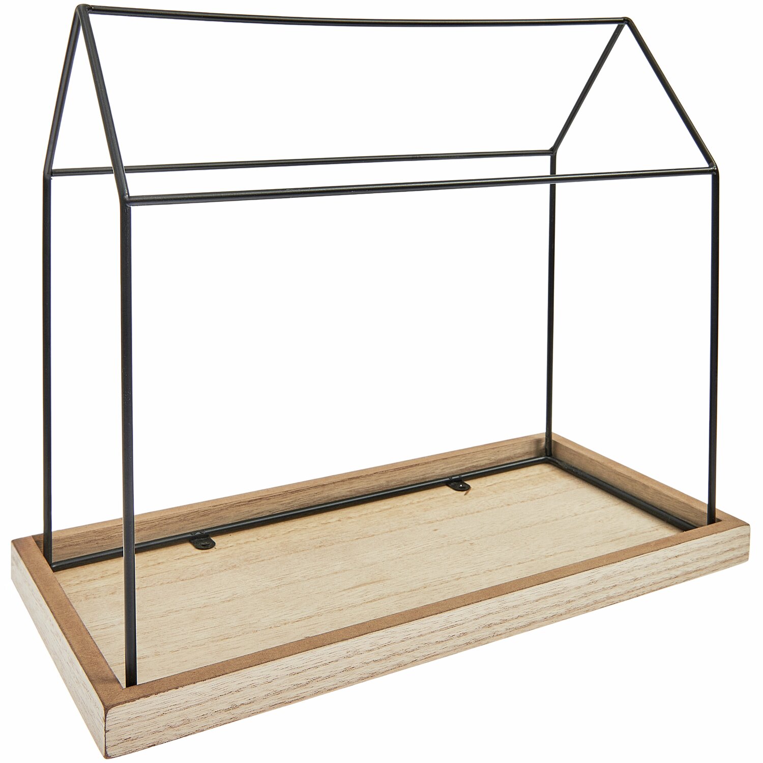 Metall Haus mit Holzboden: Schwarzes Metallgestell auf hellem Holzsockel von Rico Design. Ideal für Dekoration.