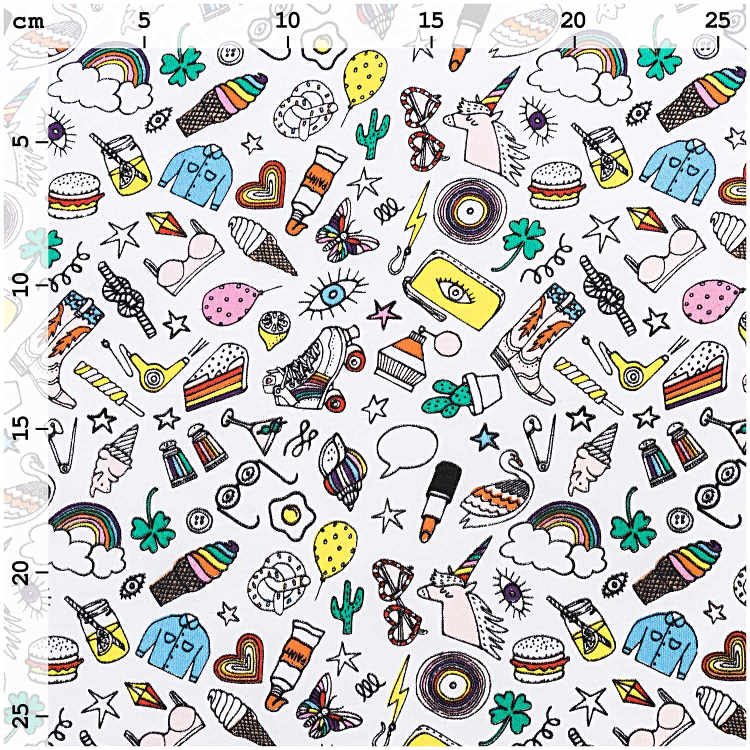 Stoff Jersey Icons weiß-mehrfarbig 70x100cm Stoff Jersey Icons weiß-mehrfarbig 70x100cm