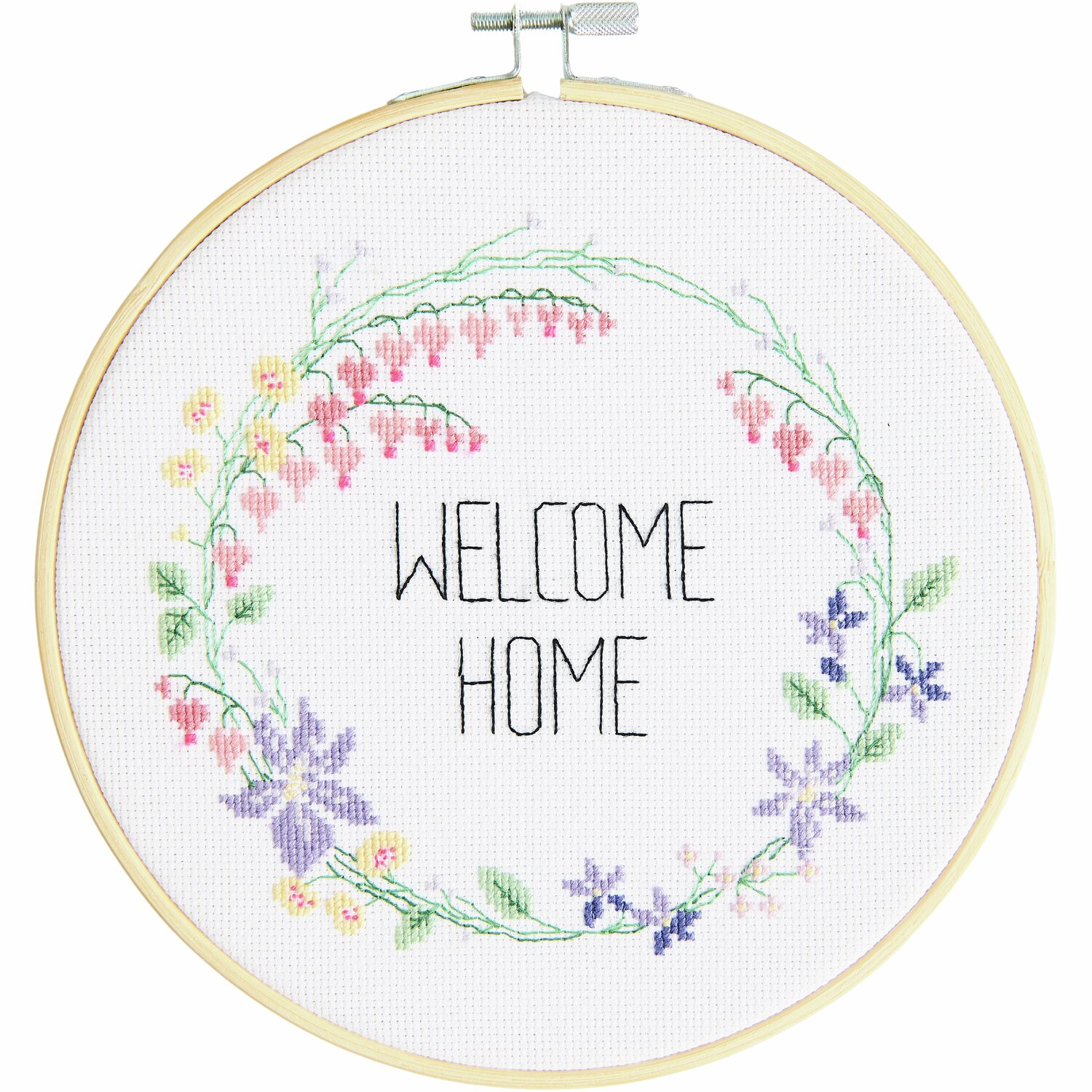 Stickpackung Gezählter Kreuzstich Blumenkranz mit floralen Mustern und "Welcome Home"-Text, Ø20cm, von Rico Design.