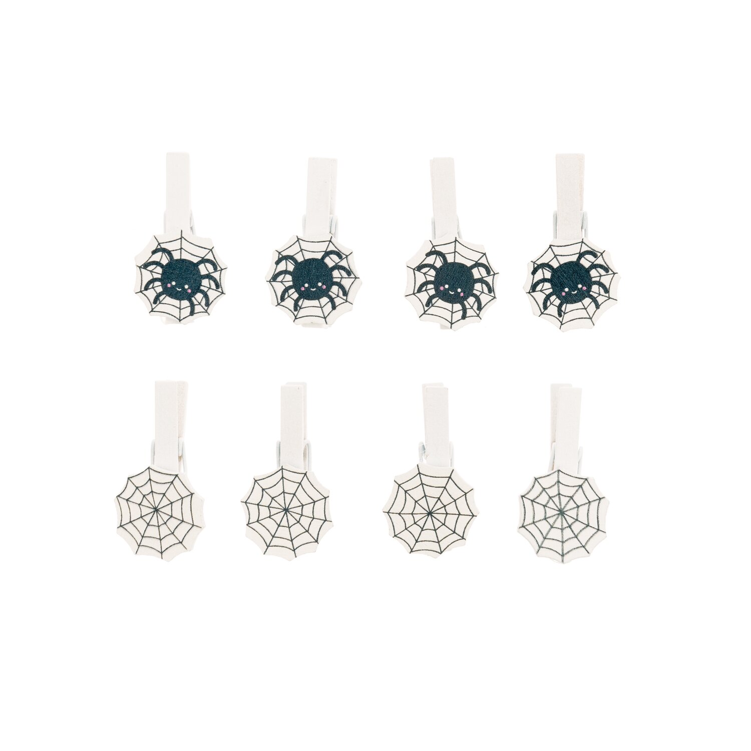 Holzclips Spinnennetz Mix schwarz-weiß 8 Stück, dekorative Clips mit Spinnennetzmotiv. Ideal für kreative Projekte und Dekorationen.