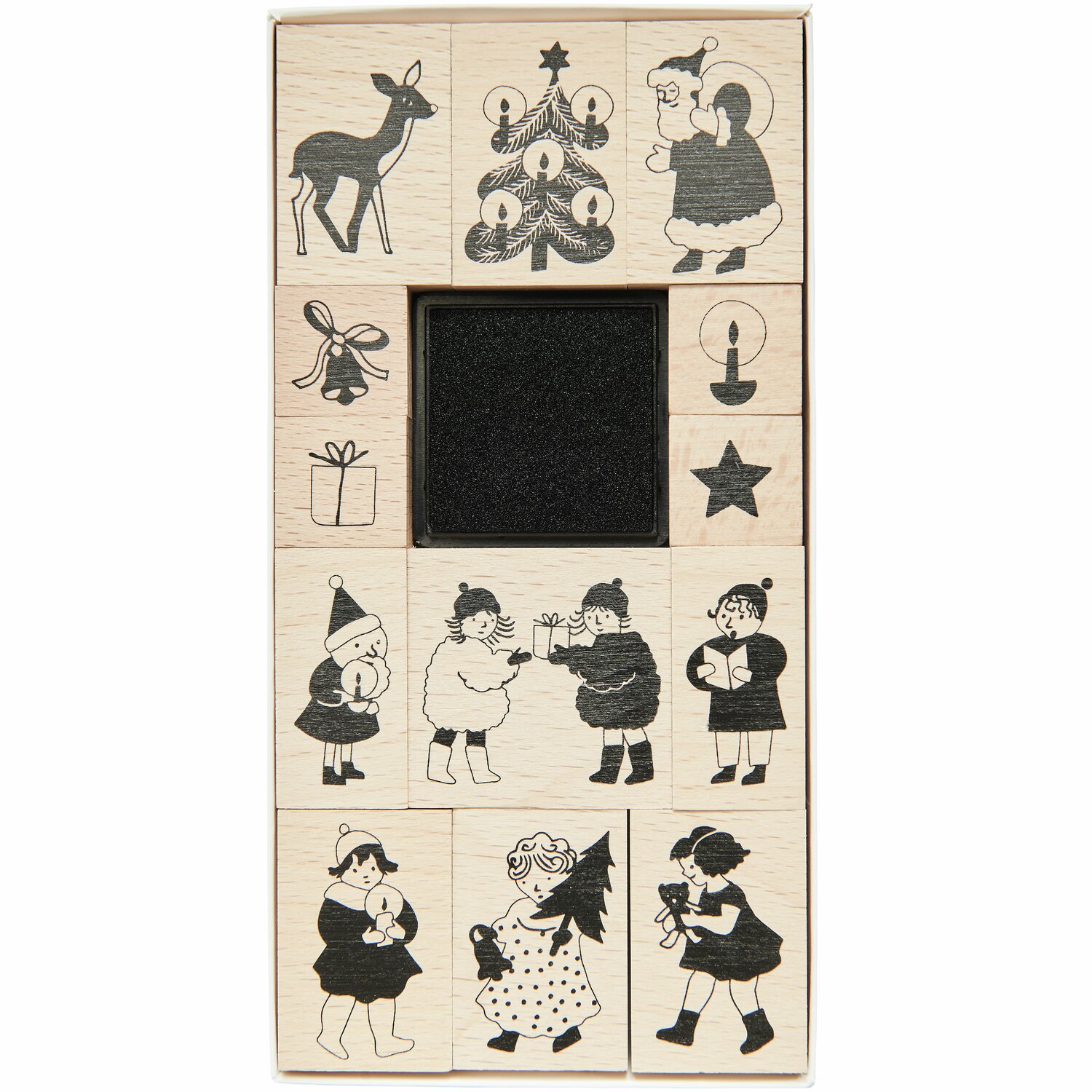 Stempelset Kids, 13-teilig von Rico Design mit weihnachtlichen Motiven wie Rentier und Weihnachtsbaum.