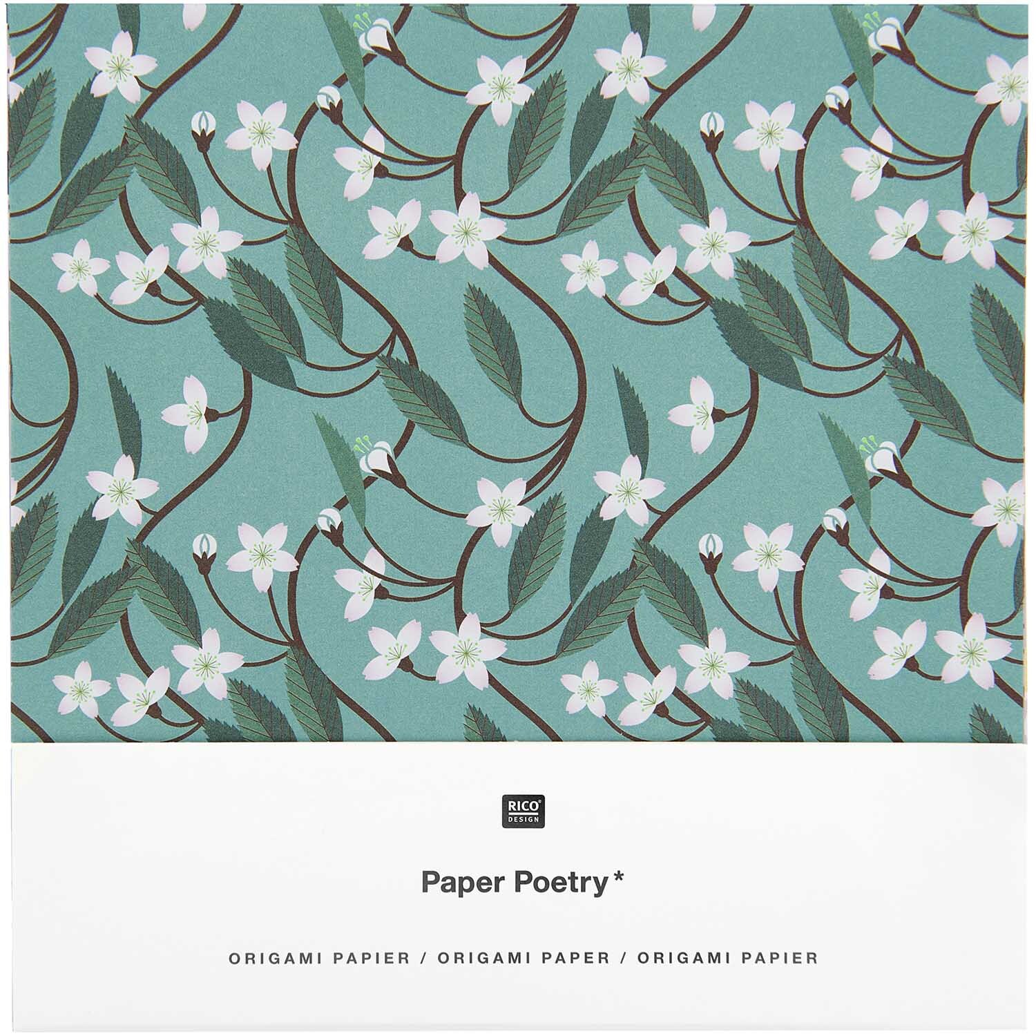 Paper Poetry Origami Just Bees + Fruits + Flowers zeigt florales Muster auf türkisfarbenem Papier.