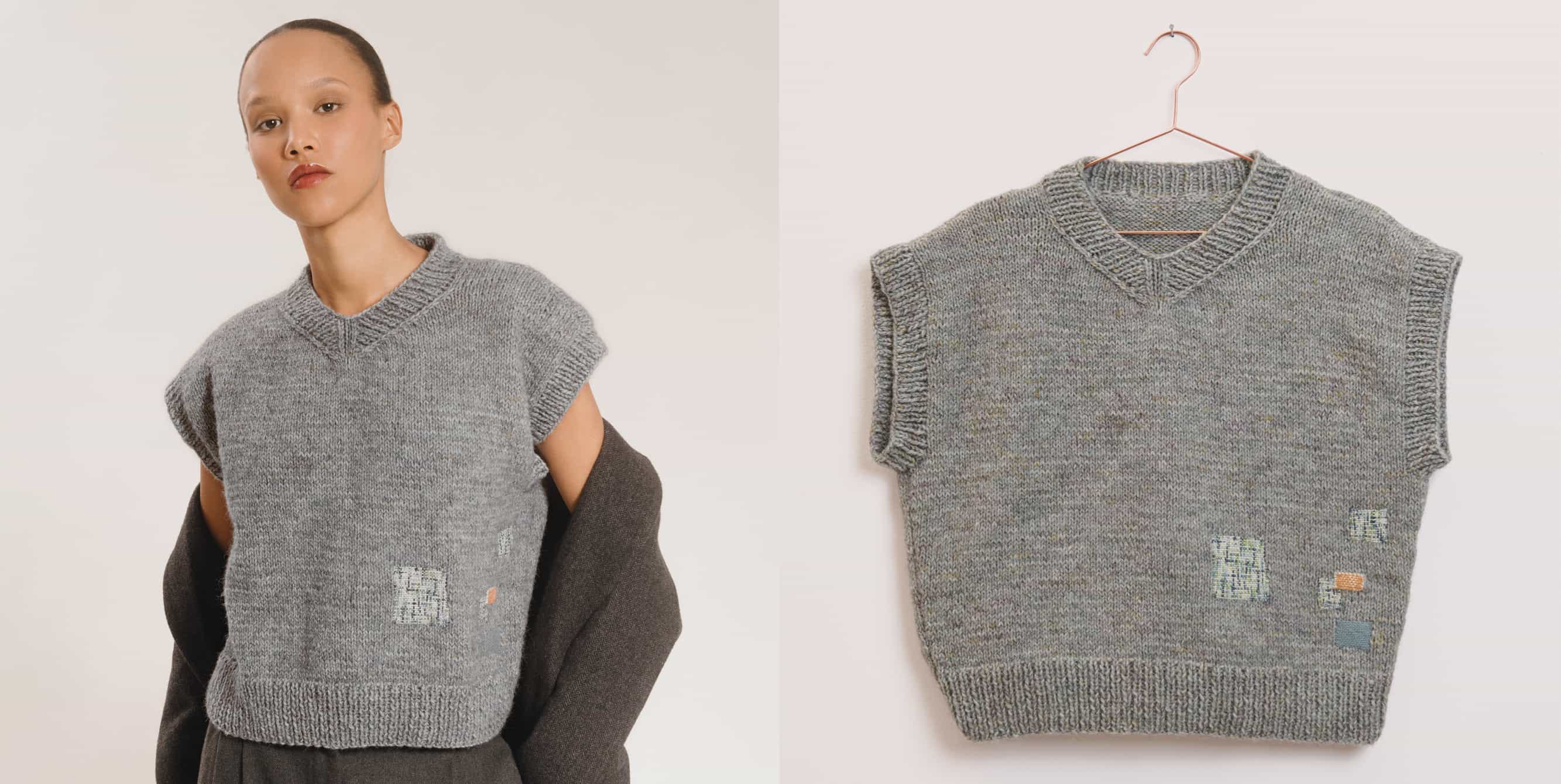 Gestrickter Pullunder in Grau, gezeigt als getragenes Modell und Produktansicht. 
