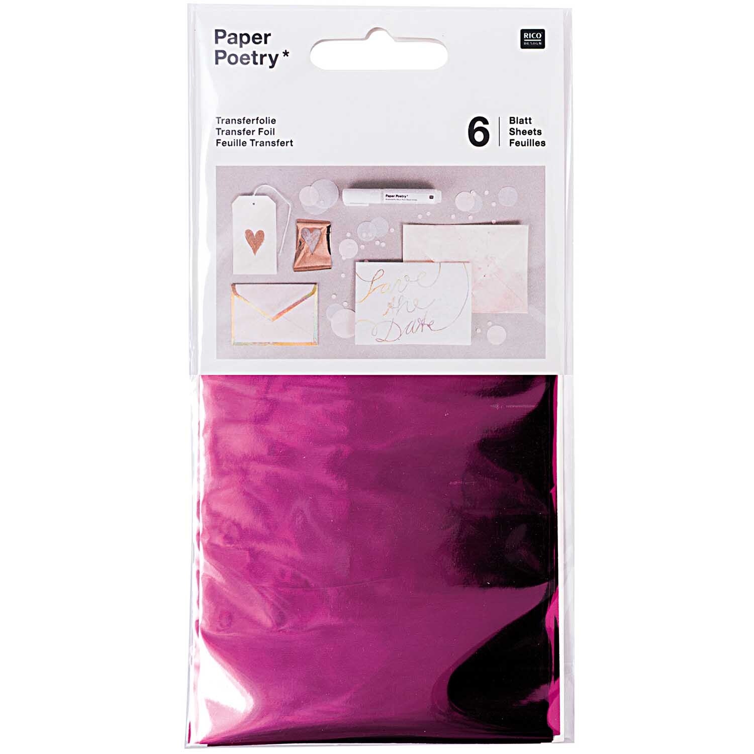 Transferfolie 9x15cm 6 Blatt von Rico Design in Pink, ideal für kreative Papierprojekte.