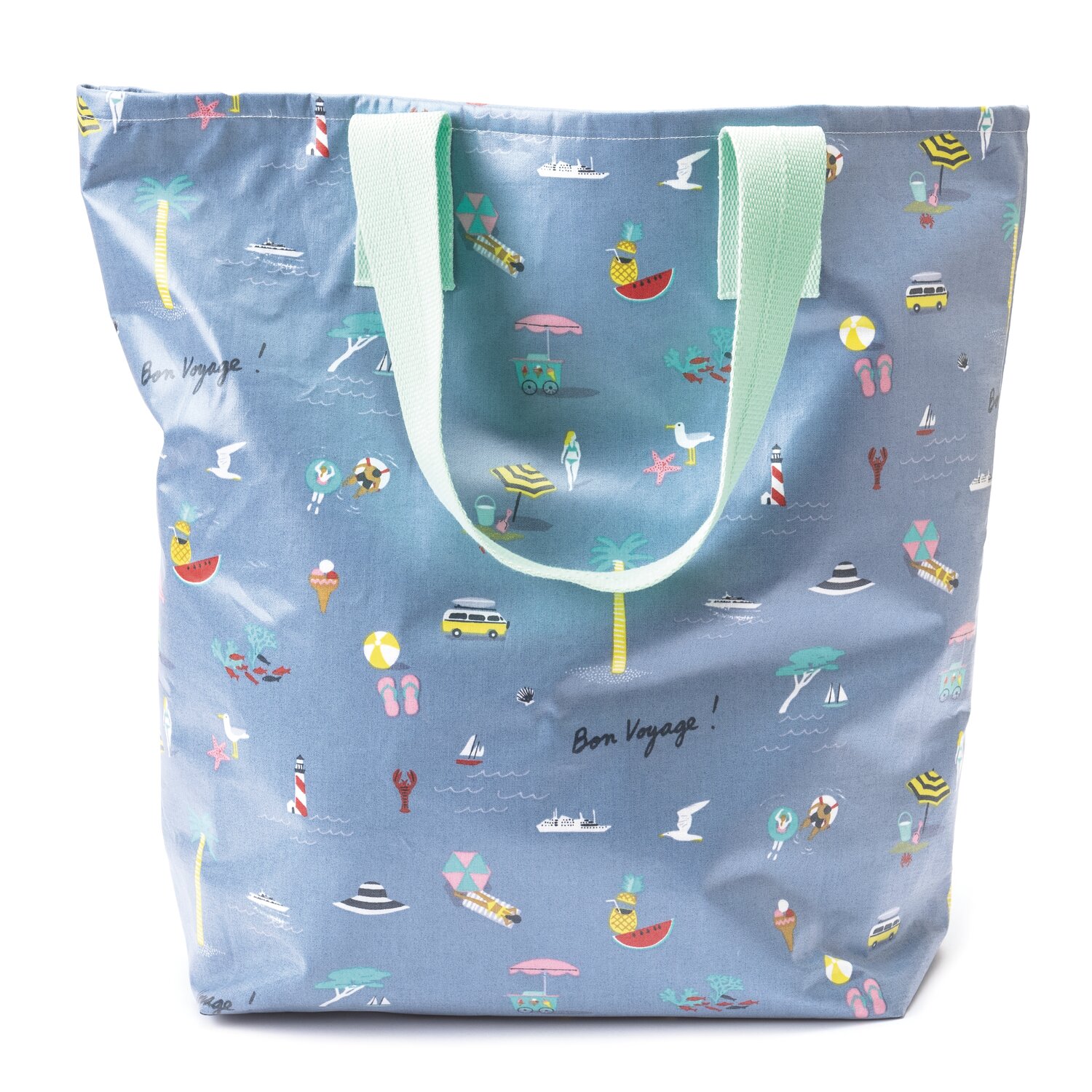 Gurtband 40mm 2m von Rico Design in Reseda, vernäht als Henkel an hellblauer Strandtasche mit bunten Urlaubs-Motiven wie Palmen, Booten und Eis